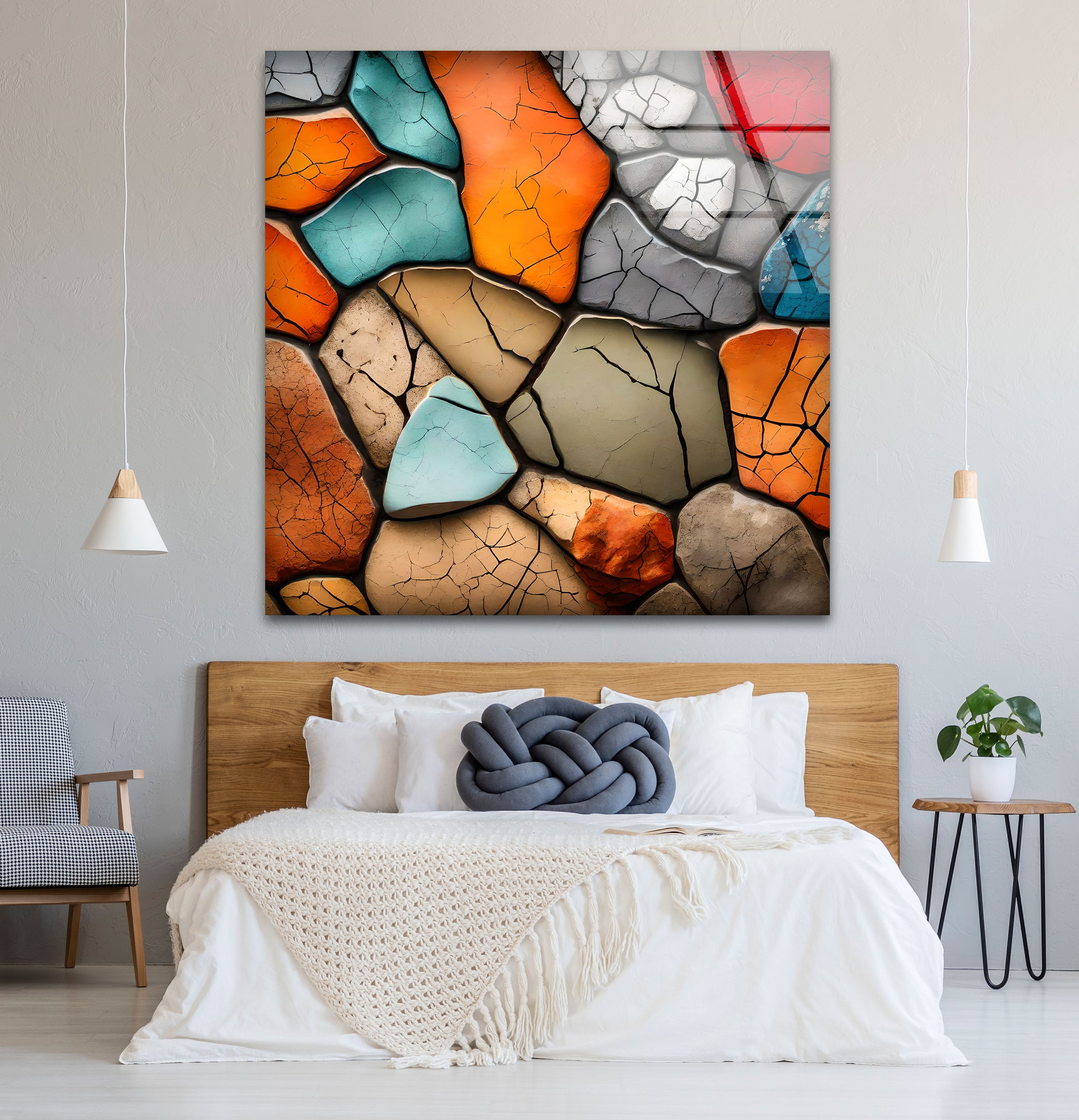 Vibrant Stone Mosaic Wall Art - Cracked Texture Abstract Glass Print | Modern Home Decor for Living Room, Bedroom & Office