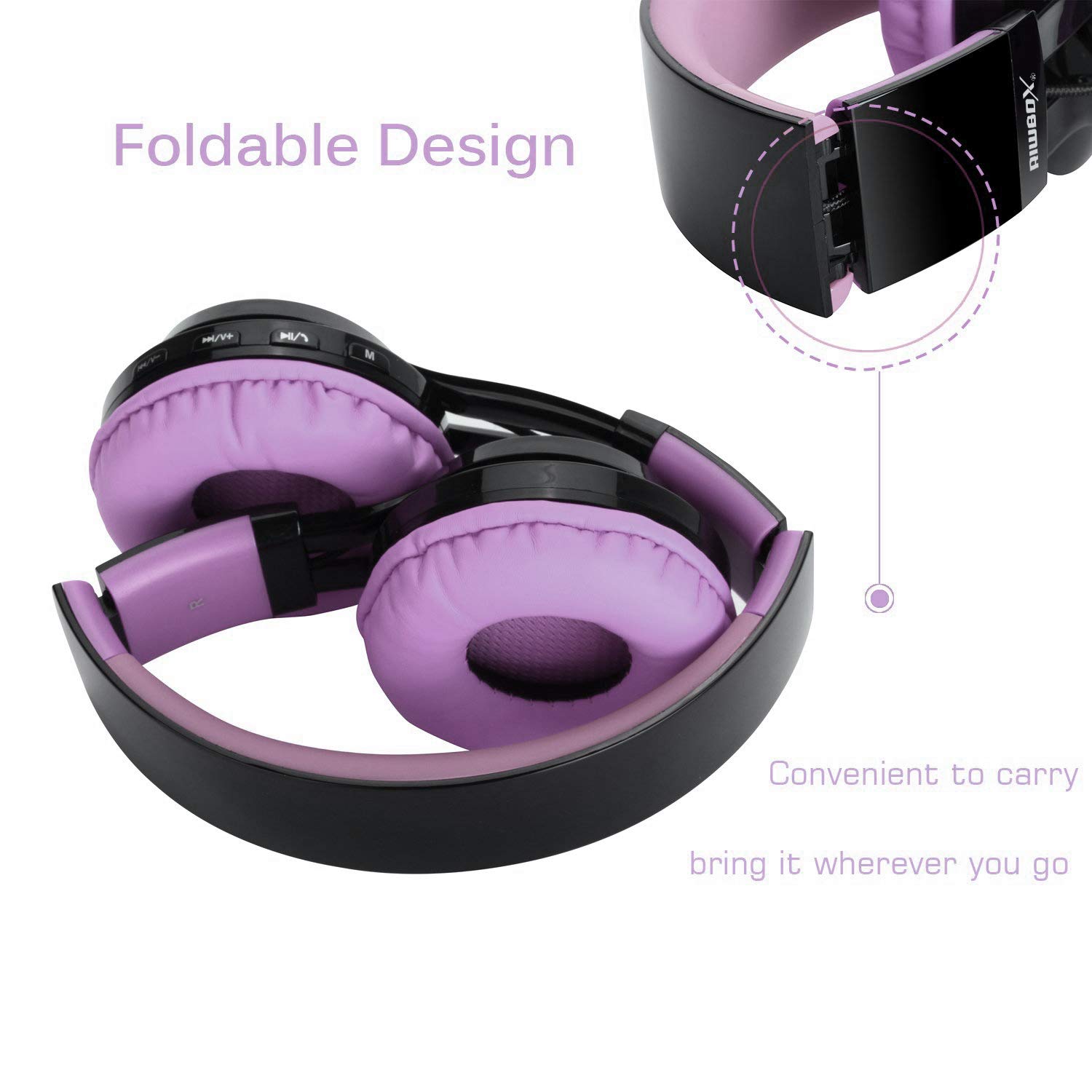 Riwbox AB005 Wireless Bluetooth 5.0 Headphones with Microphone, Foldable Over-Ear Headset with FM Radio, TF Card Slot & LED Light - Compatible with iPhone, Android & All Bluetooth Devices (Black & Purple) - Perfect for Gym, Travel & Office Use