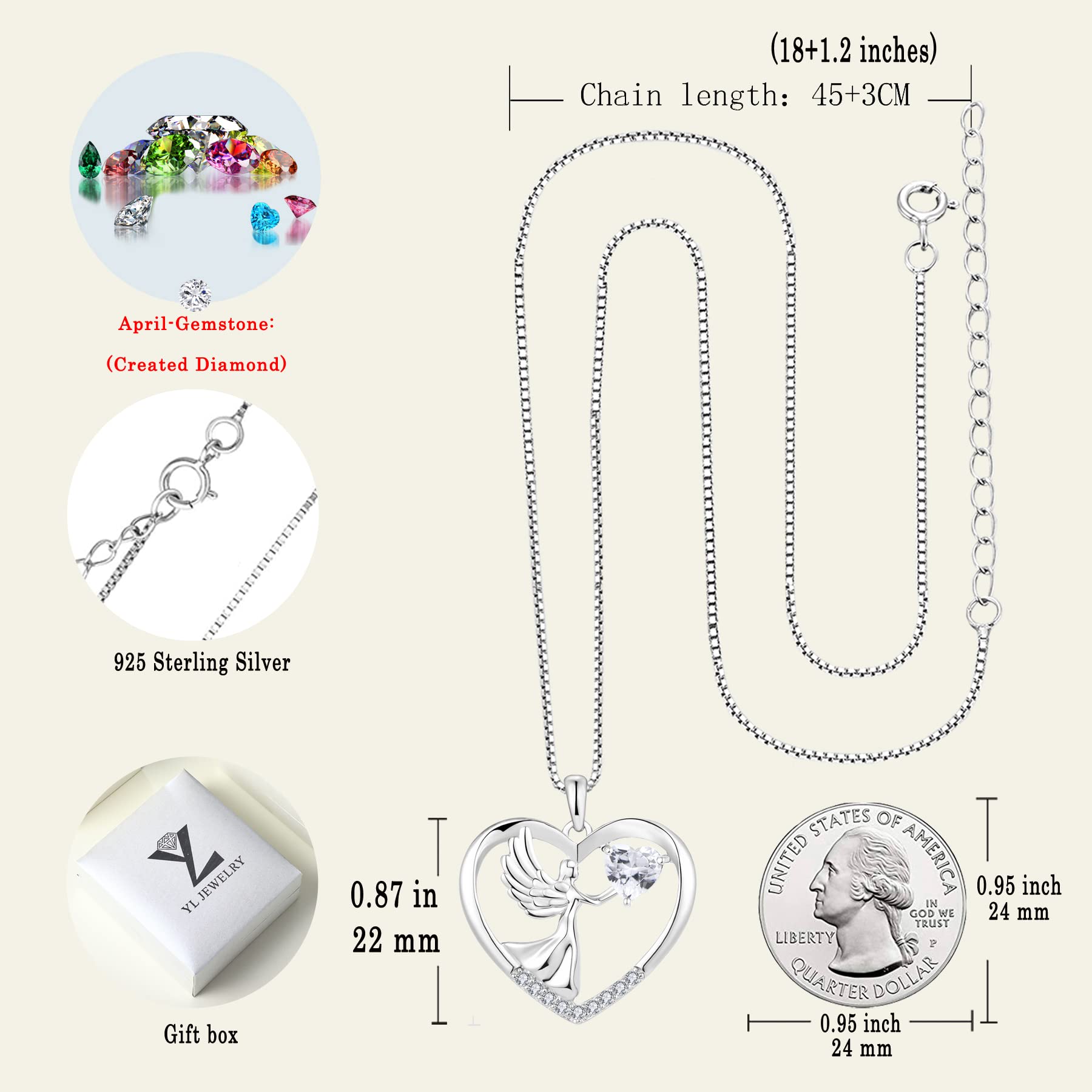 YL Sterling Silver Heart Necklace with Angel Wings & Birthstone Pendant - Elegant Love Jewelry for Women | Perfect Gift for Valentine's Day, Anniversary & Mother's Day
