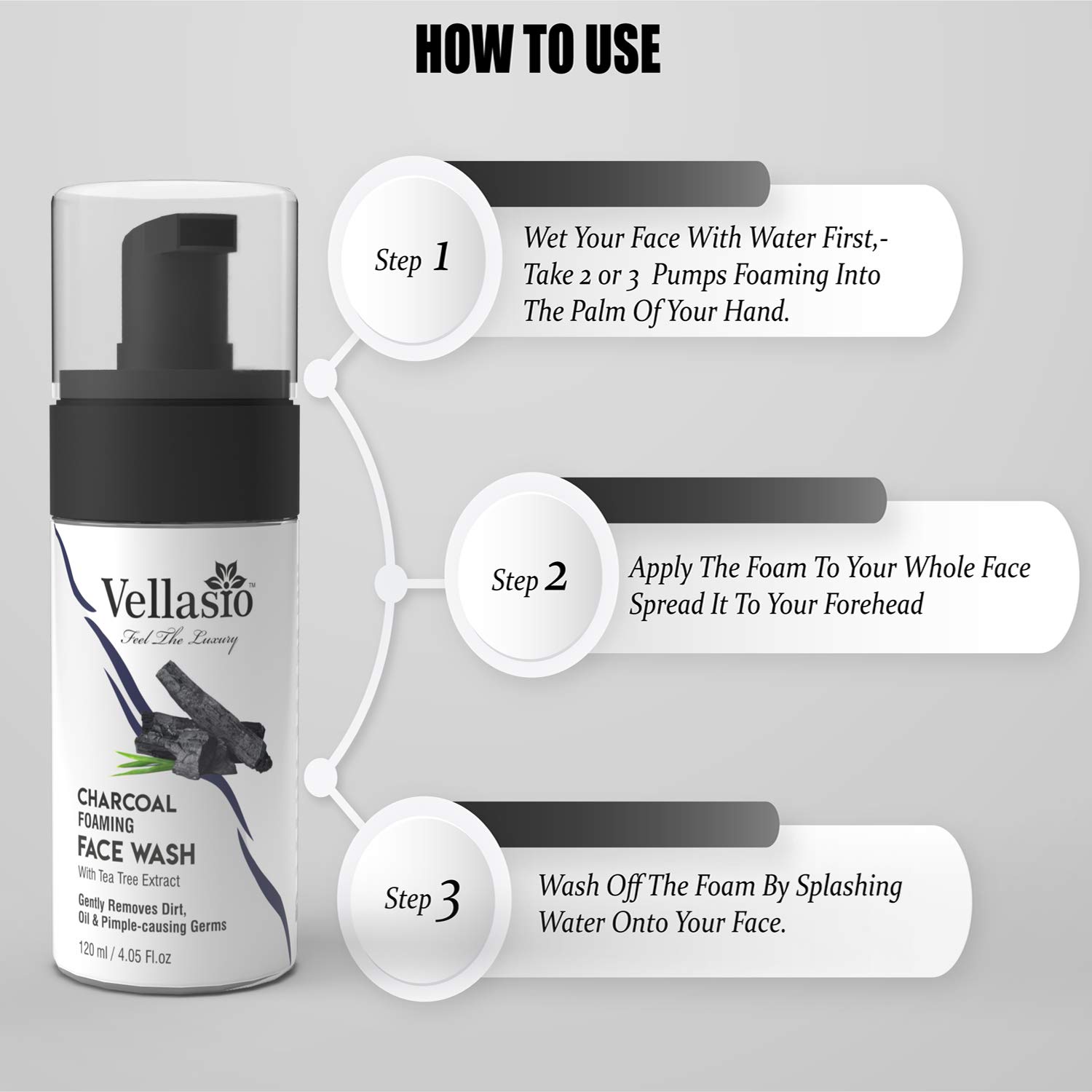 Vellasio Activated Charcoal Foaming Face Wash with Tea Tree Extract - Oil Control & Anti-Pollution Cleanser for Men & Women | Reduces Excess Oil & Dark Spots | Paraben & Sulfate Free | Perfect for Daily Skincare Routine & Acne-Prone Skin