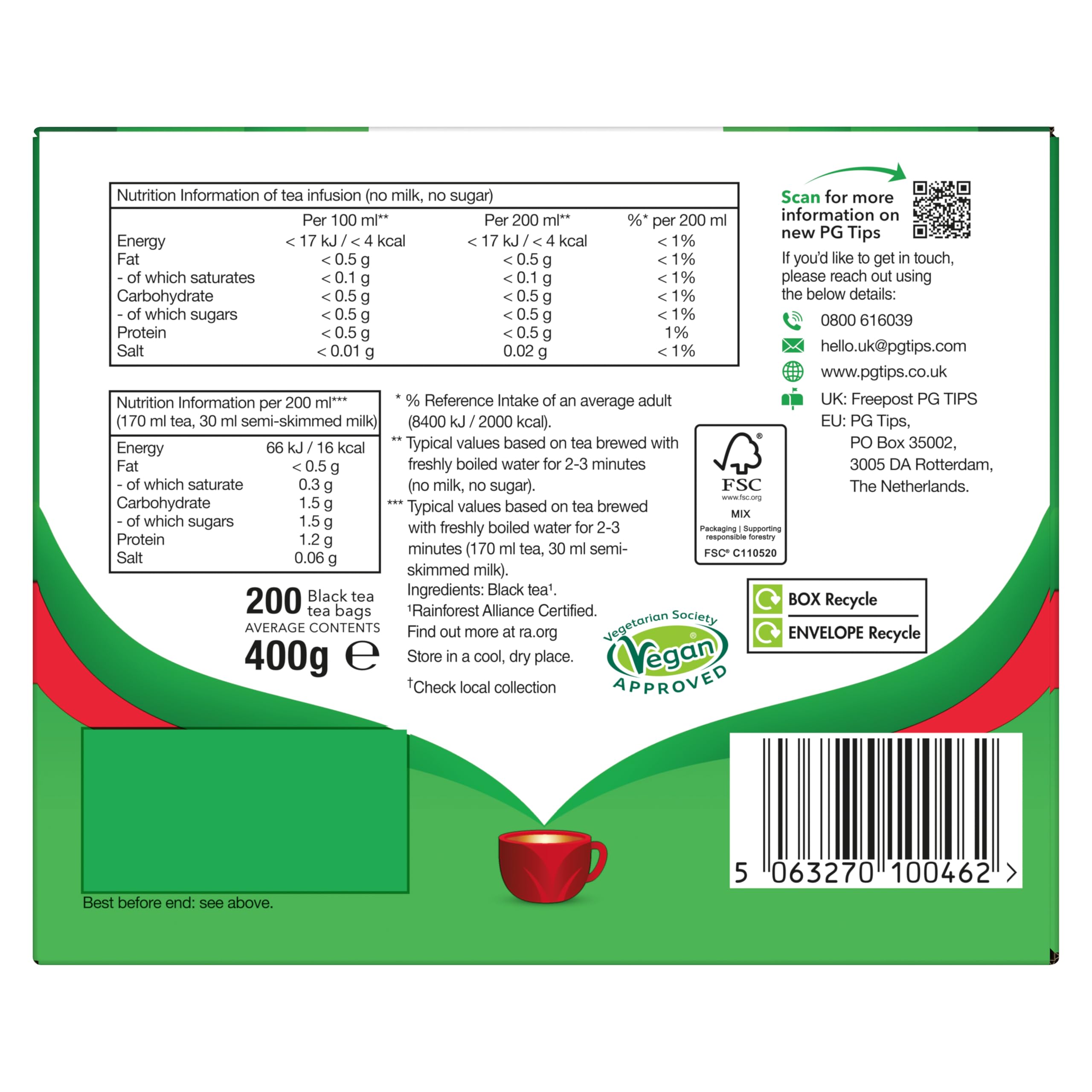 PG Tips Envelope Tea Bags Pack of 200 - Premium Black Tea for Daily Brewing, Office, or Relaxing at Home