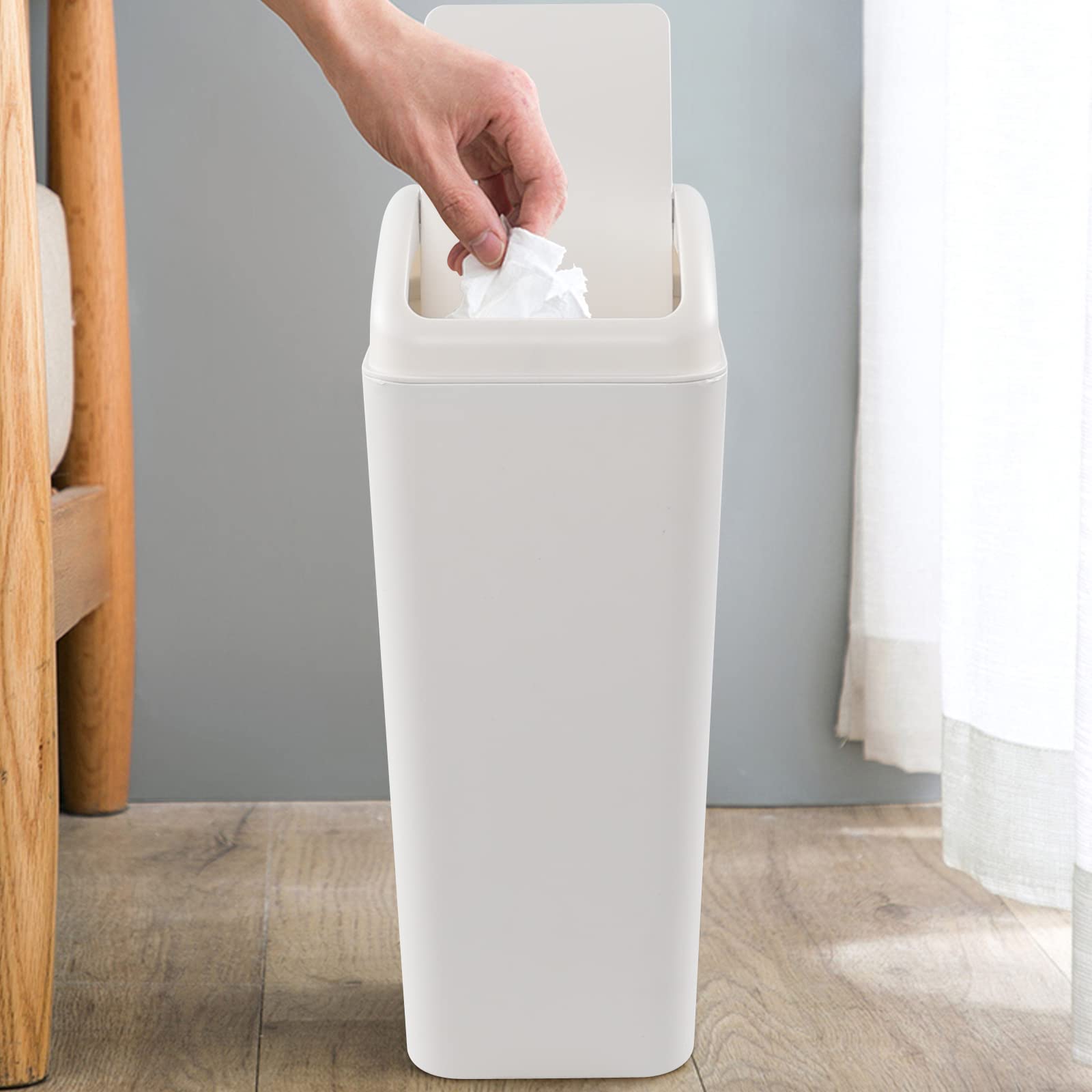 3.5 Gallon Plastic Trash Can with Swing Top Lid - Odor-Proof Small Waste Bin for Bathroom, Office, Kitchen & Bedroom - Space-Saving Step-On Garbage Can with Leak-Proof Design