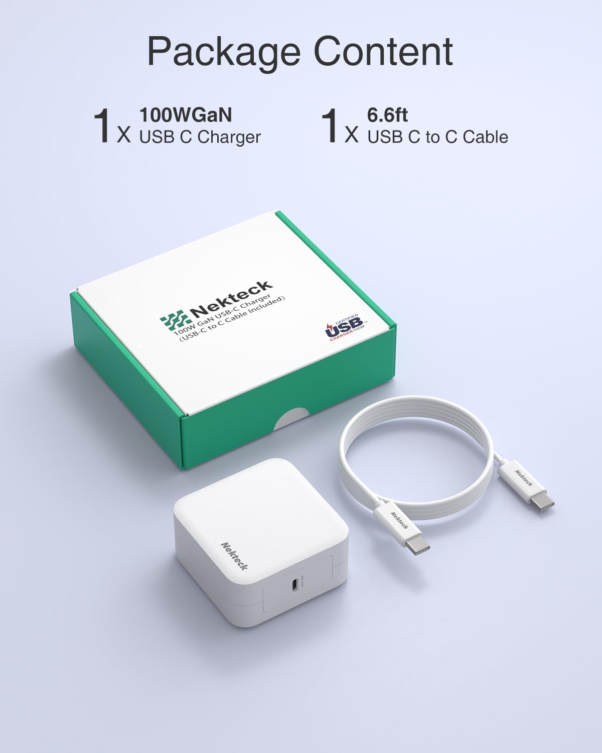 Nekteck 100W GaN IV USB C Fast Charger for MacBook Pro/Air, iPad Pro & USB C Devices - Compact Foldable Design with 6.6ft USB C to C Cable - Perfect for Travel, Office & Home Charging