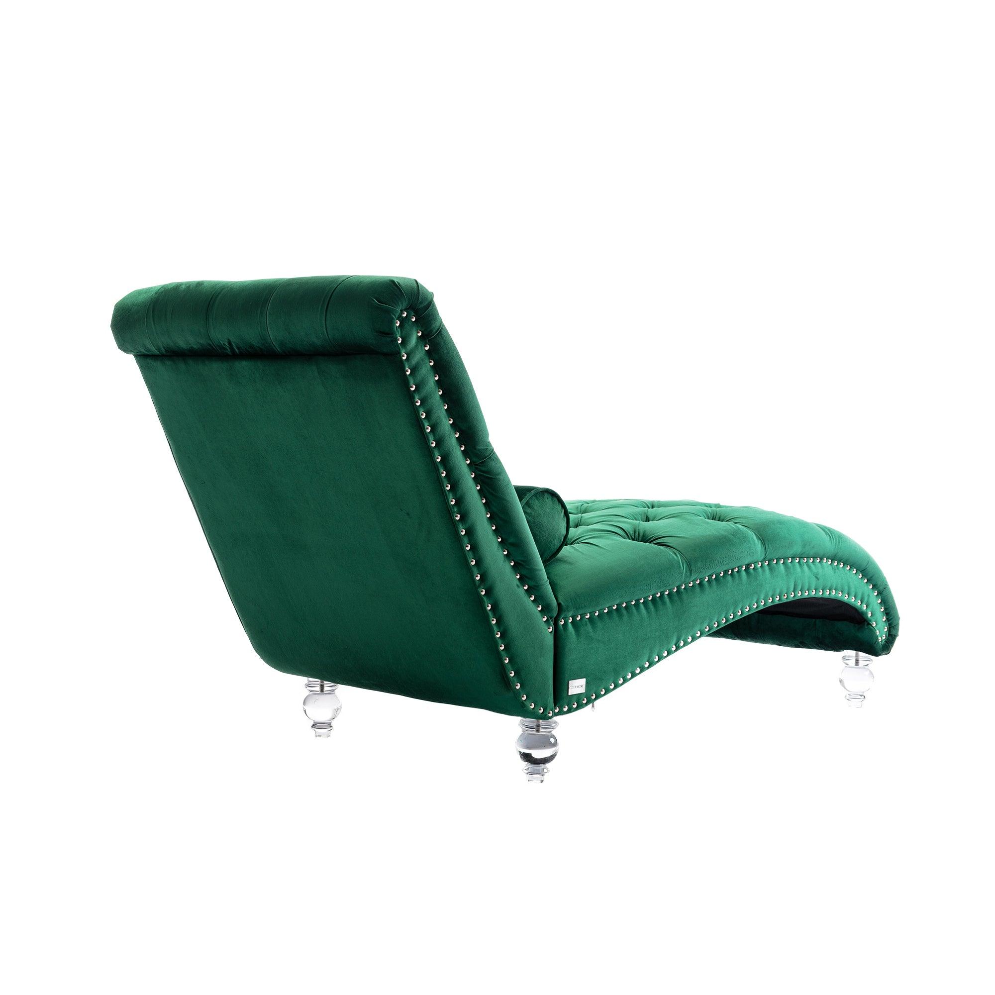 Luxury Velvet Chaise Lounge Chair - Button Tufted Upholstered Sofa with Pillow for Bedroom, Living Room & Office | Emerald Green Velvet Fabric | Perfect for Reading Nook, Lounge Area & Home Decor