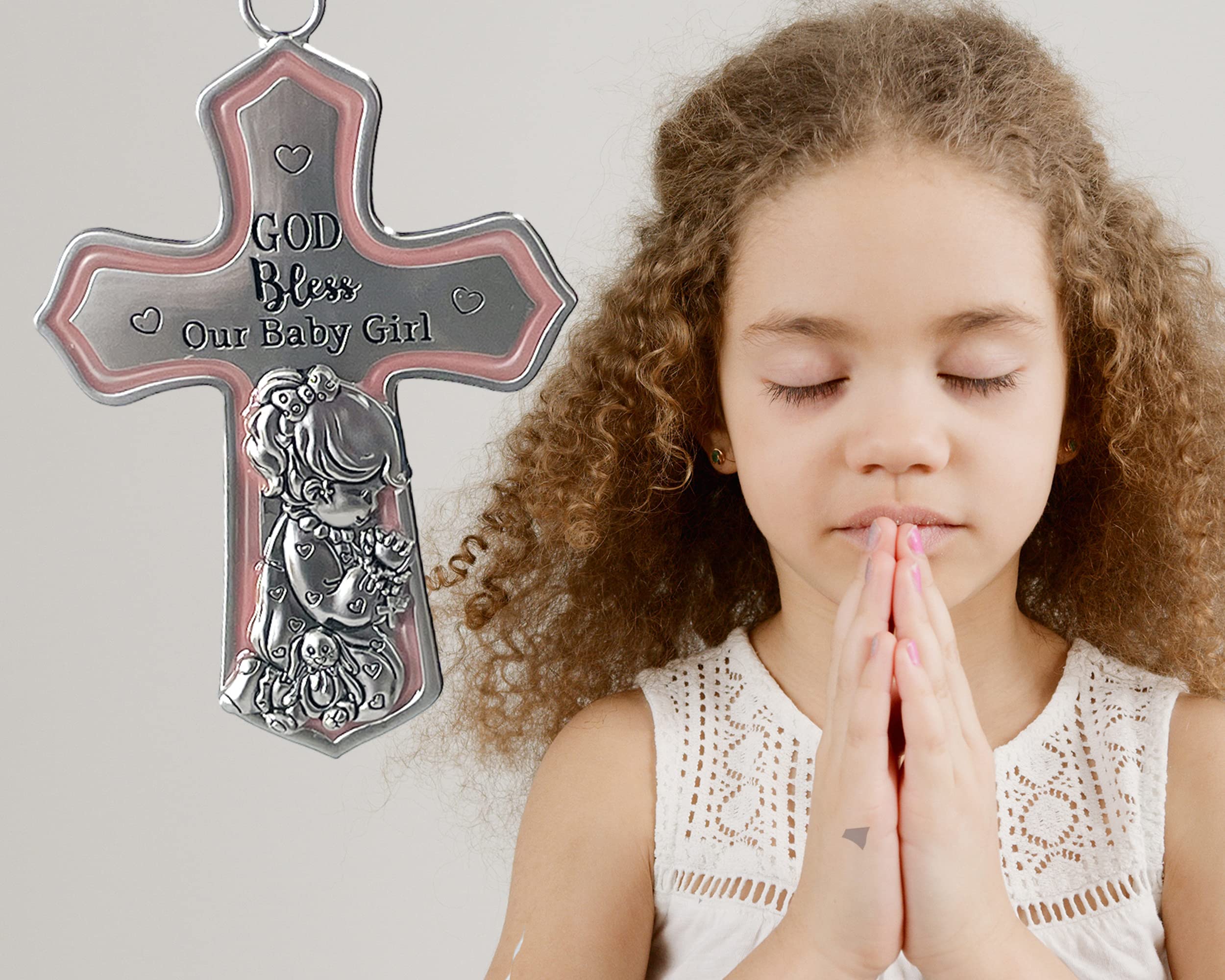 Ornate Crib Cross Decor with Ribbon for Baby Girl - Baptism, Christening & Baby Shower Gift - 'God Bless Our Baby Girl' - Perfect for Nursery Decor & Religious Celebrations
