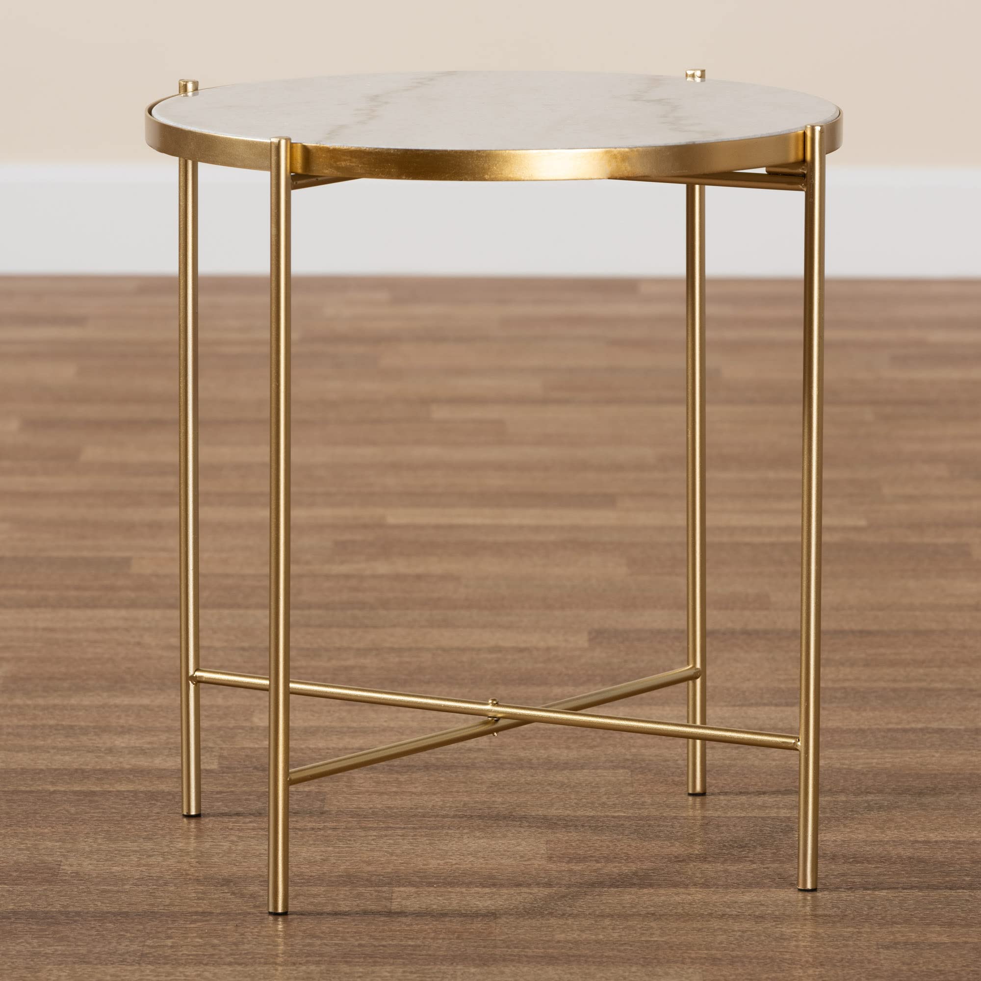 Baxton Studio Maddock End Tables - White Marble Top with Gold Metal Base - Perfect for Living Room, Bedroom, or Office Side Tables