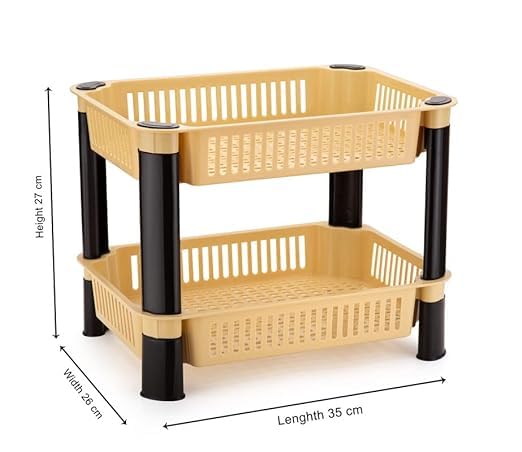 FLYUP 2-Tier Kitchen Organizer Shelf - Slide Out Storage Basket for Vegetables, Fruits, Onions - Space Saving Beige Rack for Pantry, Office & Countertop Organization