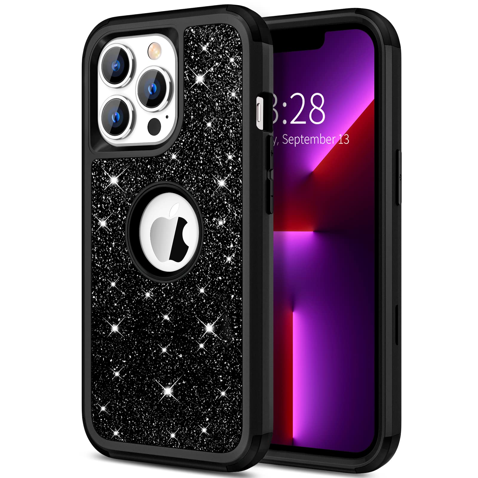 Hython Glitter Case for iPhone 13 Pro Max - Heavy Duty 3-in-1 Hybrid Protective Cover (Hard PC + Soft TPU) - Shockproof Sparkle Bling Phone Case for Women & Girls - Black | Perfect for Everyday Use, Parties & Gifts
