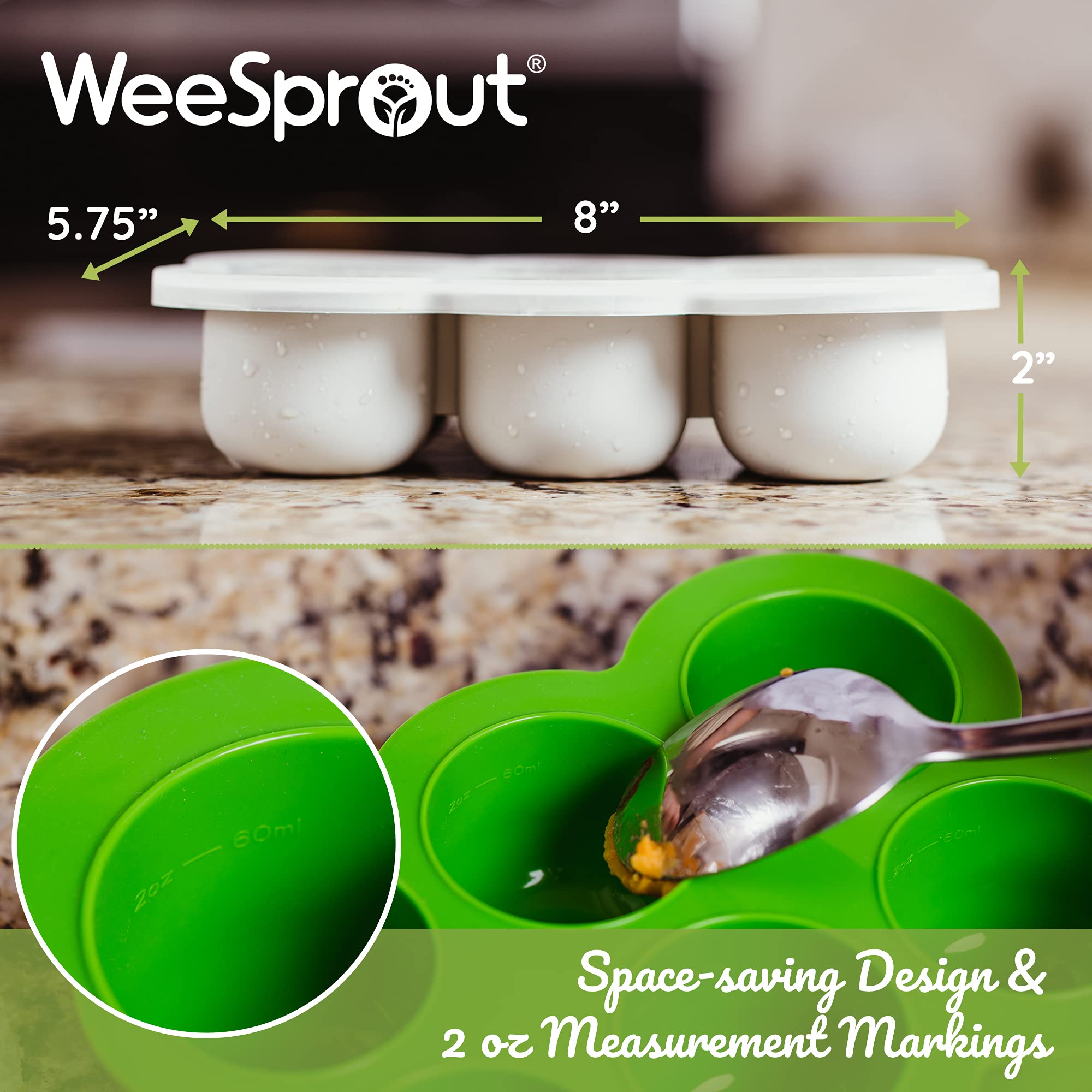 WeeSprout Silicone Freezer Tray with Clip-On Lid - 6 Section 3oz Baby Food Storage Container for Homemade Purees, Breast Milk, Vegetables & Fruits (Bright Grey) | Perfect for Meal Prep, Baby Led Weaning & Breastmilk Storage