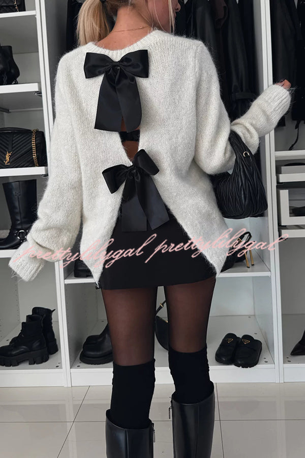 Unique Choice Knit Back Satin Bow Detail Relaxed Sweater - Women's Casual Pullover for Fall & Winter | Perfect for Office, Date Night & Weekend Outfits