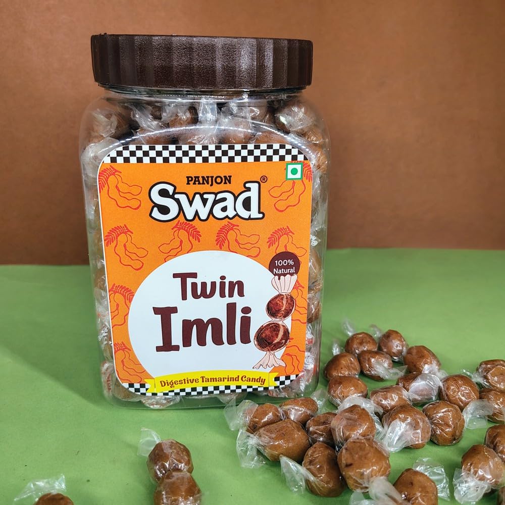 Panjon Swad Twin Imli Candy - Sweet & Sour Tamarind Toffee, 400g Jar - Perfect for Snacking, Gifting & Indian Dessert Lovers