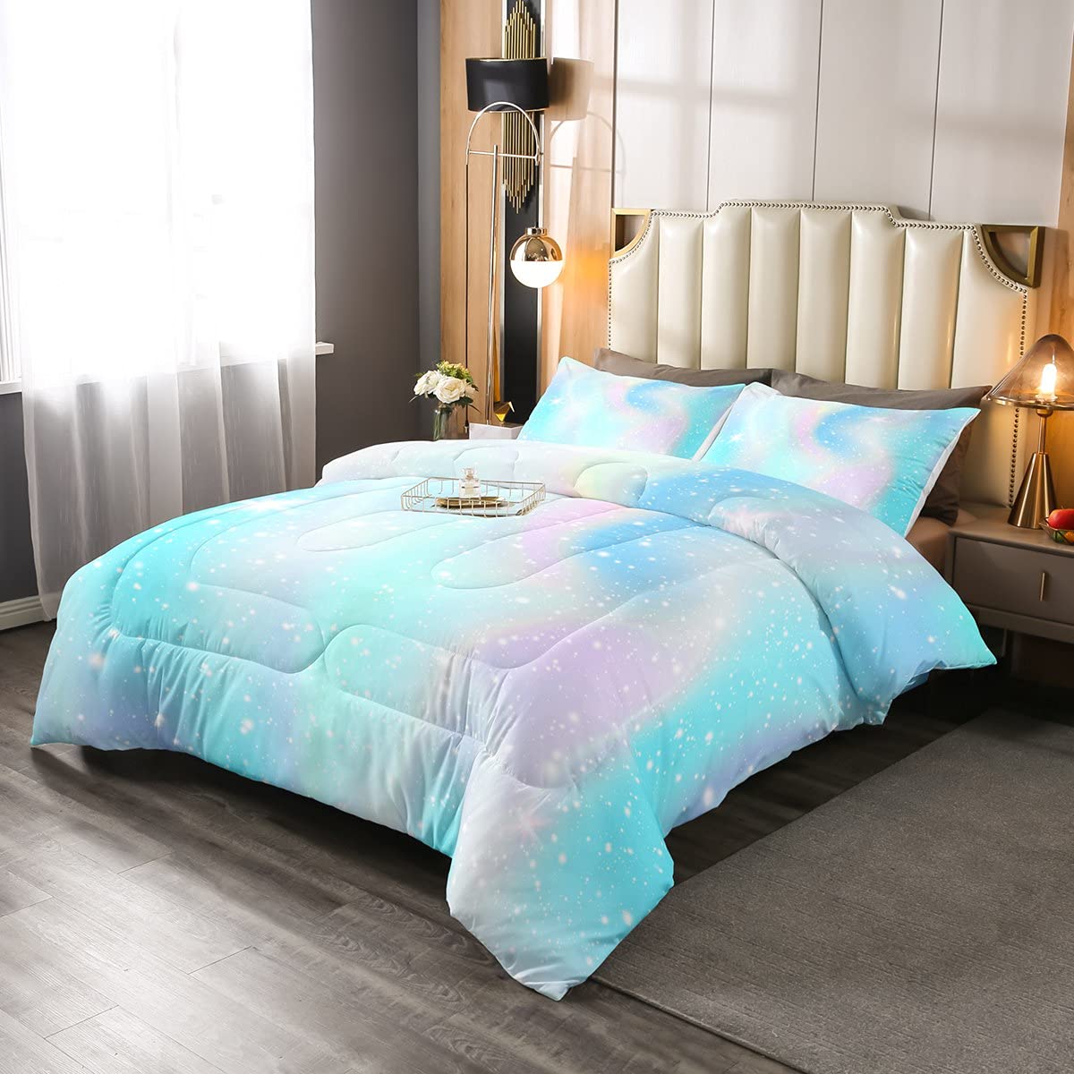 Erosebridal Rainbow Comforter Set Queen Size - 3 Piece Turquoise Blue Pink Tie Dye Bedding Set for Kids & Girls | All Seasons Quilted Comforter with 2 Pillow Shams | Iridescent Trippy Design | Perfect for Teen Bedrooms, Dorm Decor & Boho Chic Home Styling