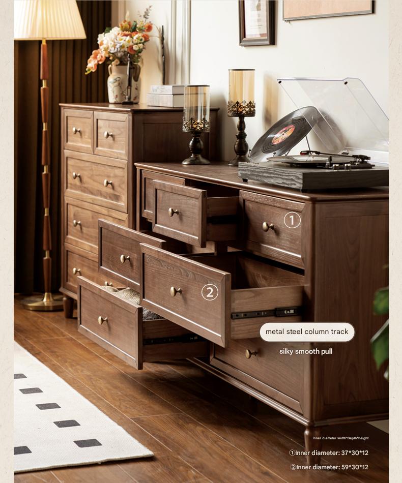Solid Black Walnut Wood American Retro Dresser - Vintage 5-Drawer Chest for Bedroom, Living Room & Home Office Storage