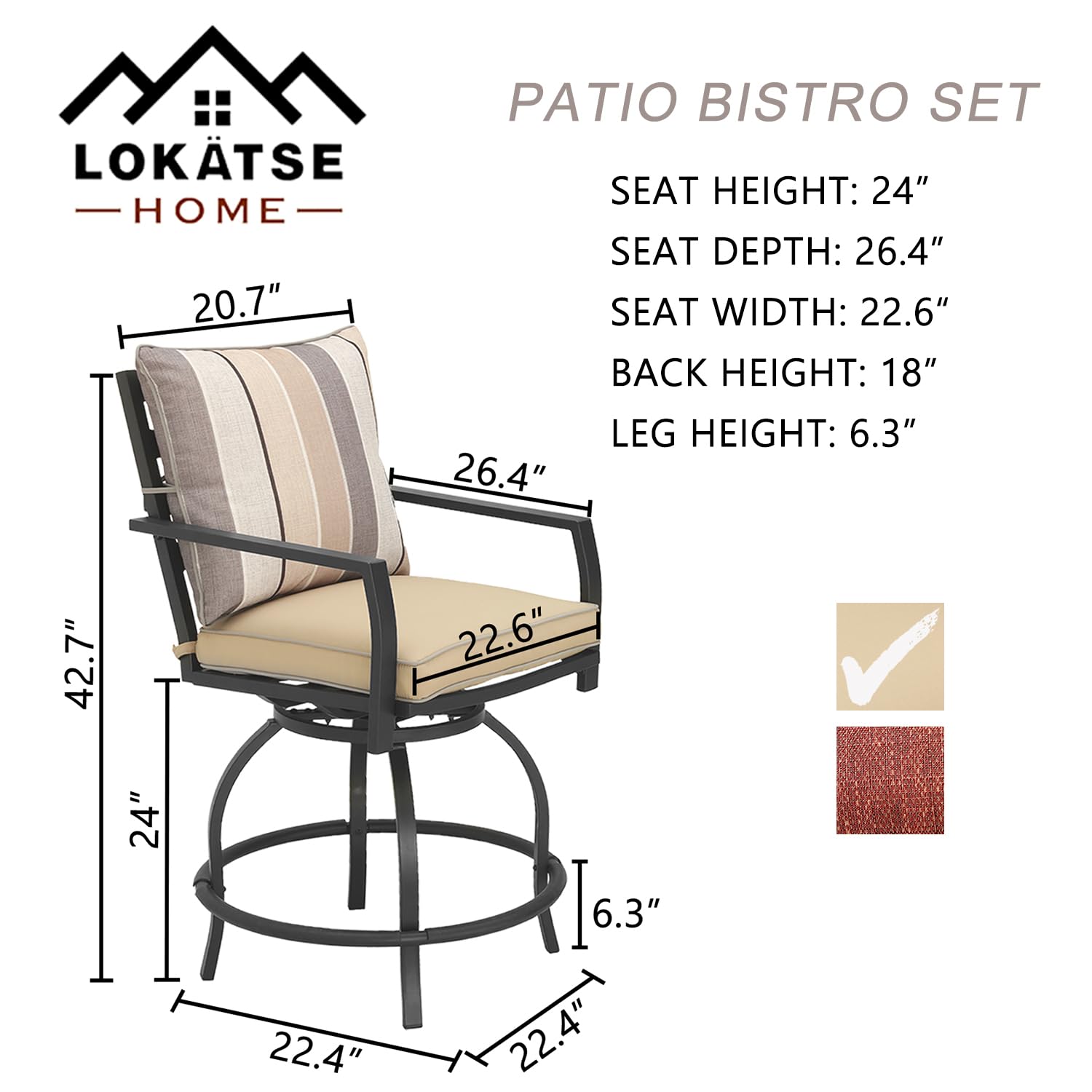 LOKATSE HOME Outdoor Swivel Bistro Chairs - Set of 4 Patio Bar Stools with Cushion, Beige Metal Furniture for Garden, Poolside, and Backyard Relaxation