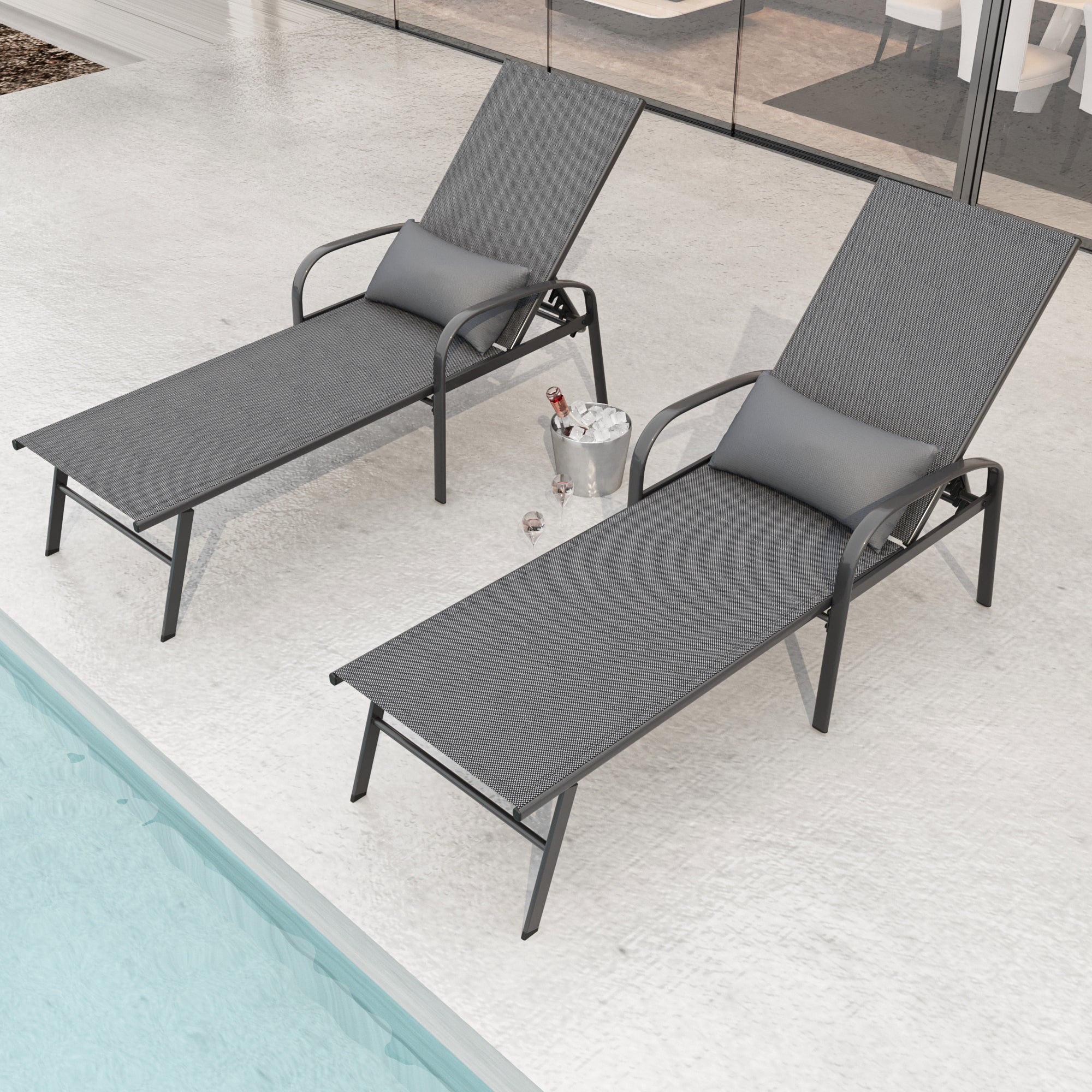 2-Piece Outdoor Patio Lounge Chair Set with Pillow - Gray Waterproof Poolside Chaise Lounge for Swimming Pool, Beach & Backyard Relaxation