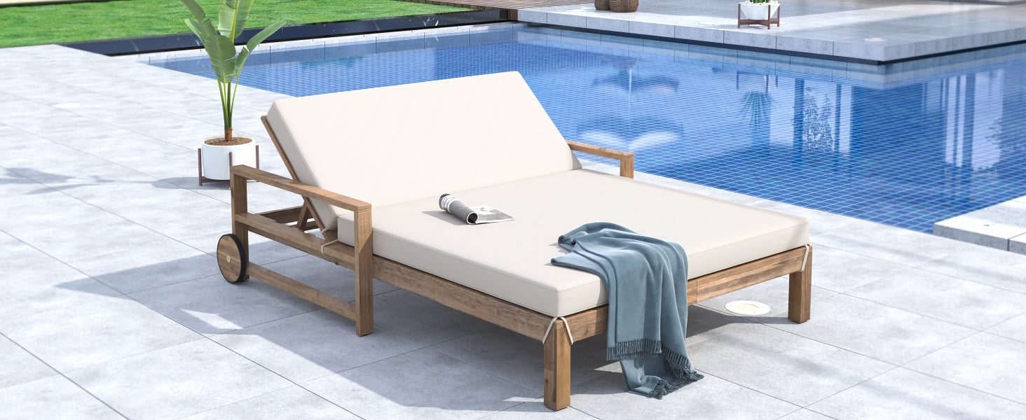 Farmhouse Style Wooden Outdoor Sunbed - 2 Person Daybed for Poolside, Garden & Backyard Relaxation | Weather-Resistant Beige Finish | Perfect for Lounging, Sunbathing & Outdoor Entertaining