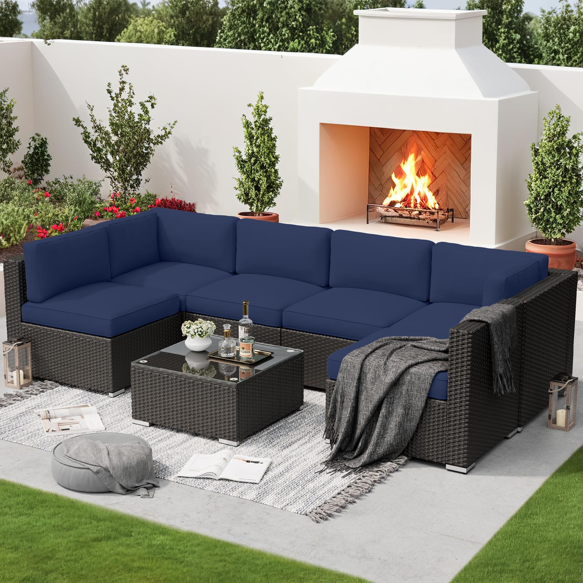 SOLAURA 7-Piece Outdoor Patio Furniture Set - Black/Brown Wicker Rattan Sectional Sofa with Coffee Table, Navy Blue Cushions - Perfect for Backyard, Poolside & Garden Relaxation