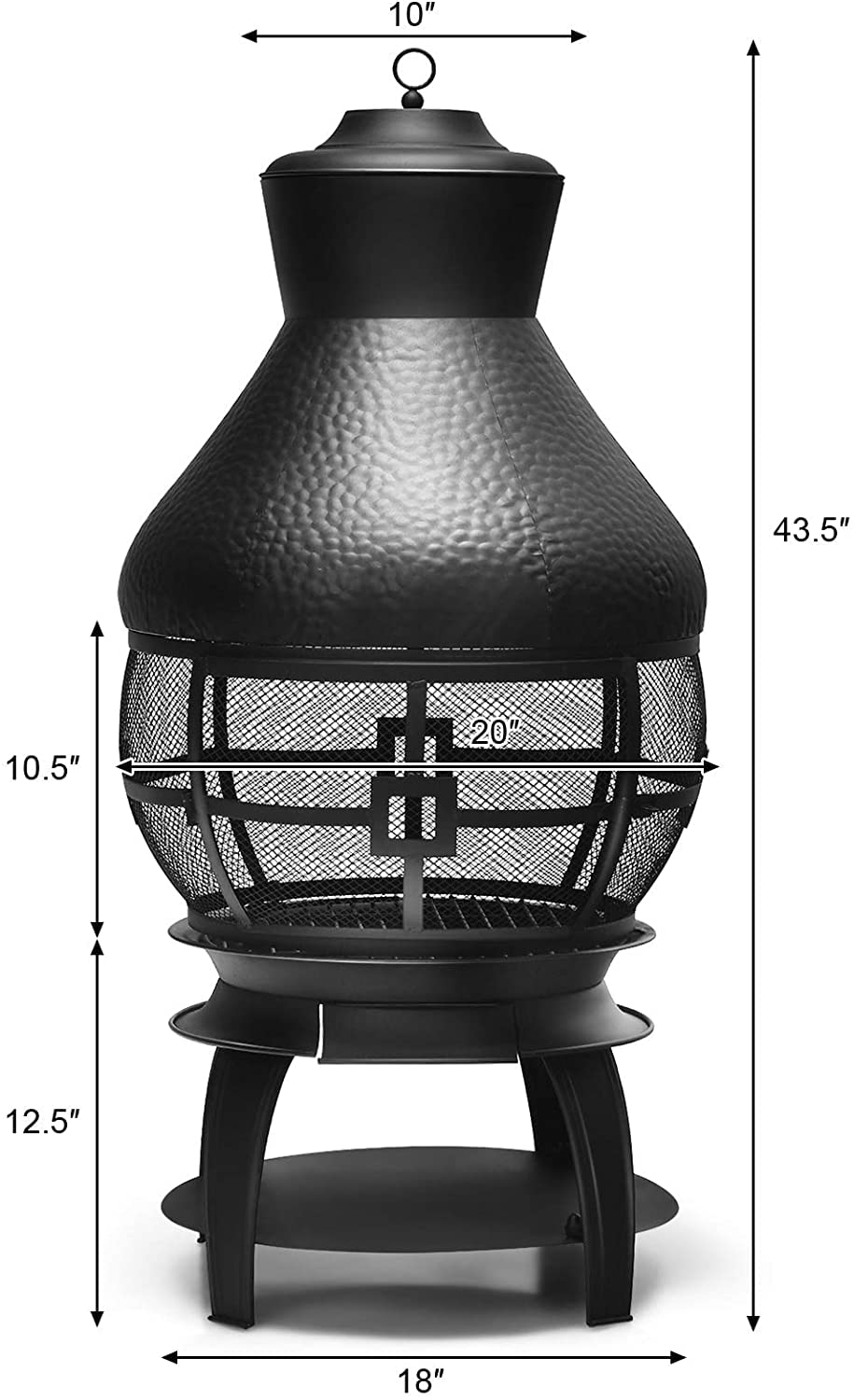 SAFSTAR Outdoor Cast Iron Chiminea - Wood Burning Fire Pit with Fire Poker & 360° Fire Retardant Mesh Cover - Durable Patio Chiminea for Backyard, Garden, and Camping Fireplace Use