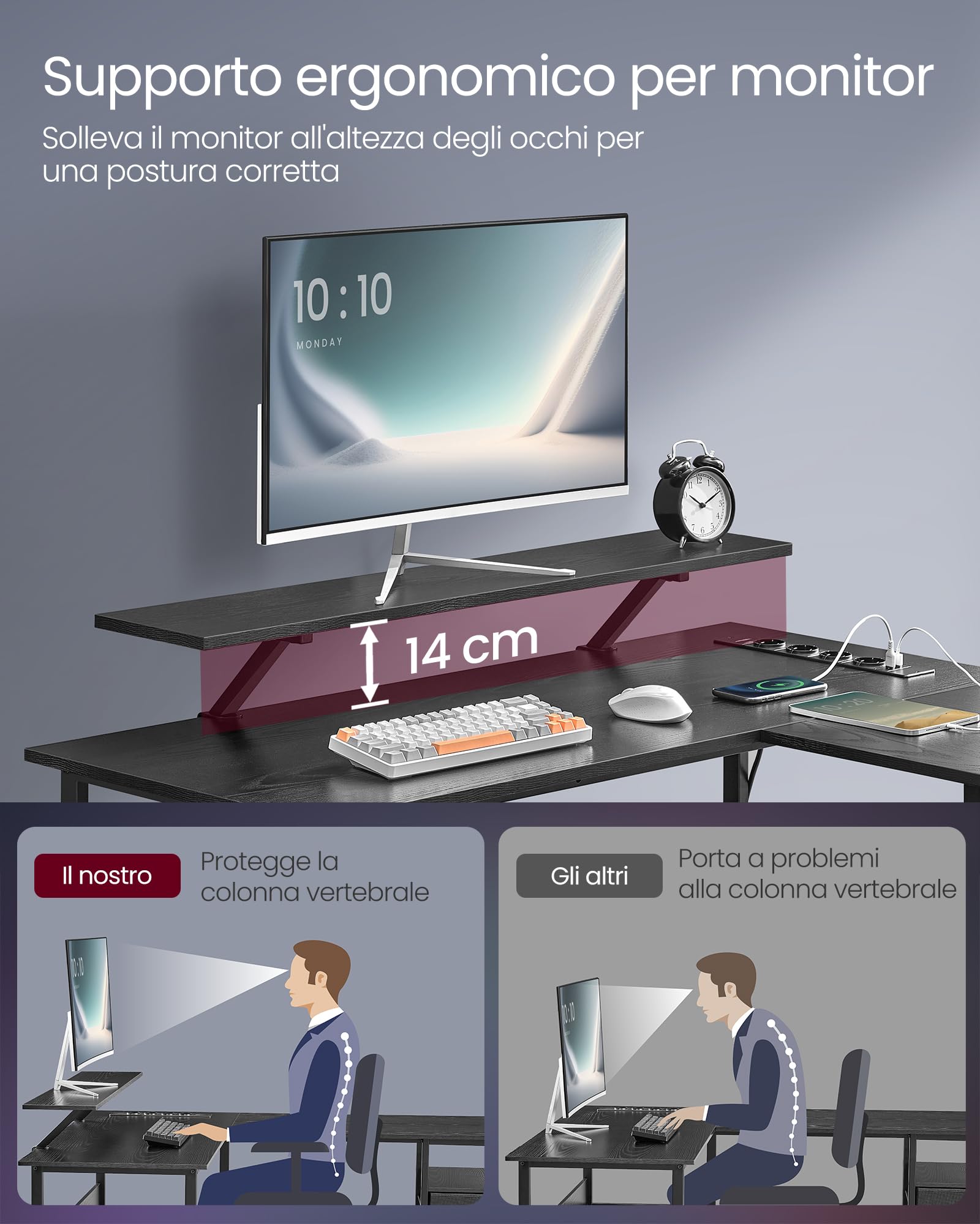VASAGLE L-Shaped Gaming Desk with Power Outlets, USB Ports & LED Lights - Corner Computer Desk with Monitor Stand, 2 Drawers - Black Ebano LWD095B01 - Perfect for Home Office, Gaming Setup & Small Spaces