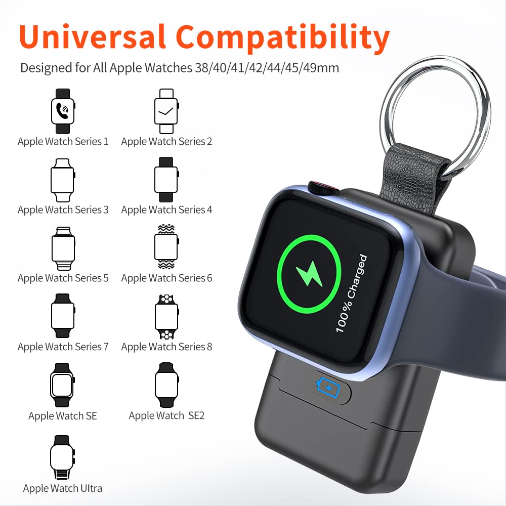 HUOTO 1400mAh Portable Wireless Charger for Apple Watch Series 9/8/7/6/SE/5/4/3/2/1/Ultra/Ultra 2 - Magnetic Keychain Power Bank for Travel, Gym & Daily Use