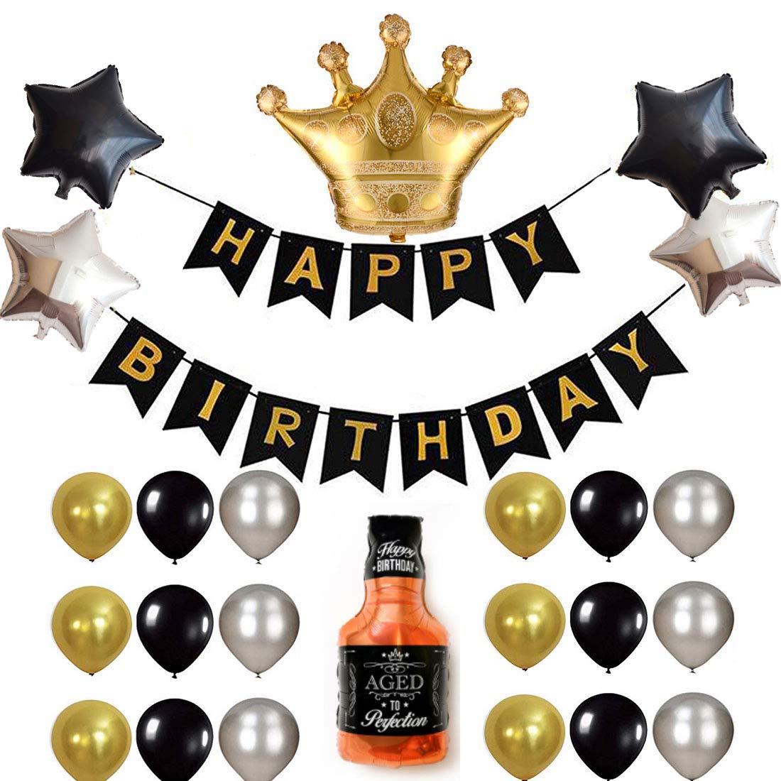 Gold & Black Happy Birthday Banner Balloons Kit - Birthday Decoration Set with Crown Balloons for Party Decor | Perfect for Adult Birthday Parties, Anniversary Celebrations & Special Events