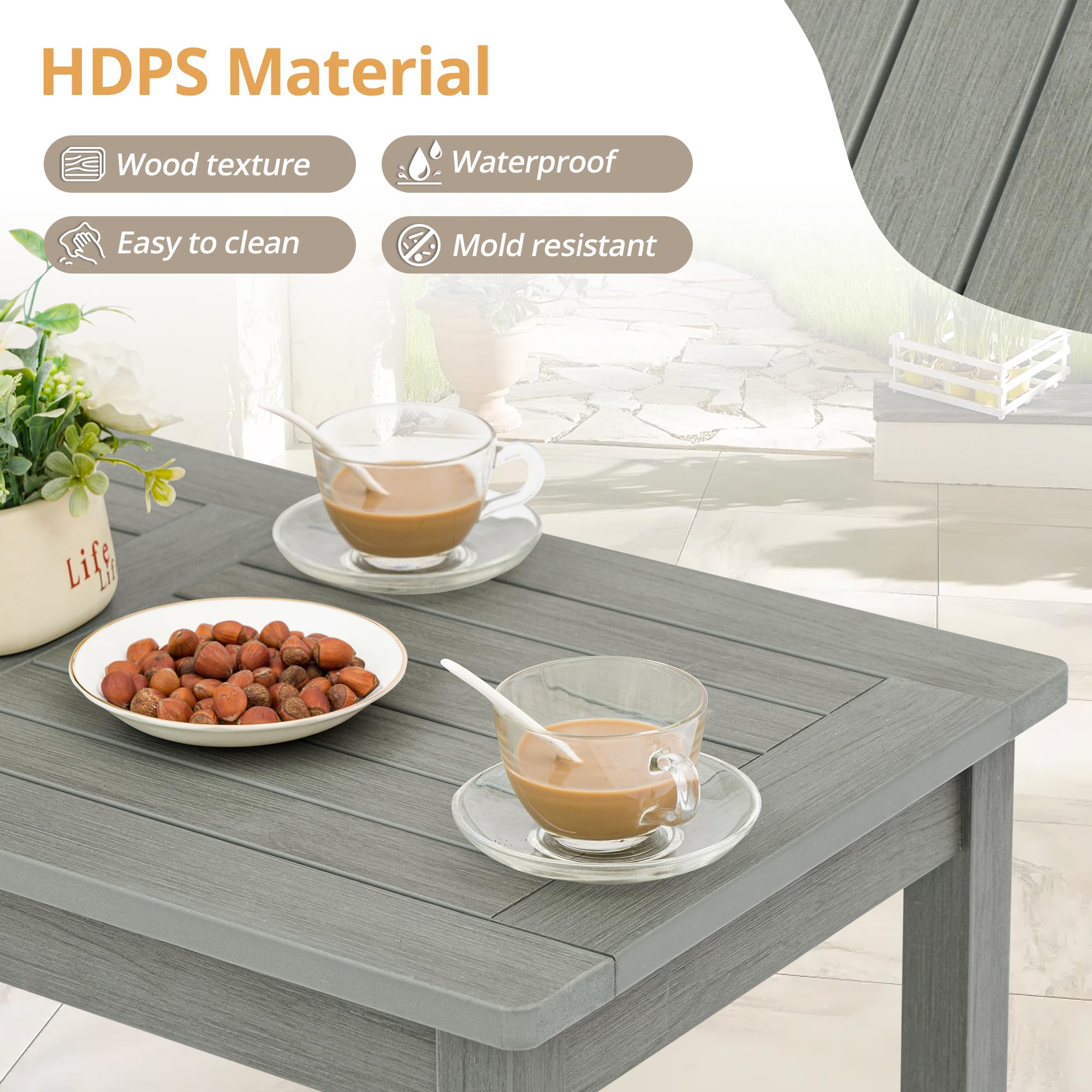 LUE BONA Outdoor Coffee Table Rectangle - All-Weather HDPS Patio Coffee Table with Slatted Tabletop for Deck, Garden, Balcony - Indoor/Outdoor Use - Light Gray | Perfect for Backyard Relaxation, Poolside Lounging & Outdoor Entertaining