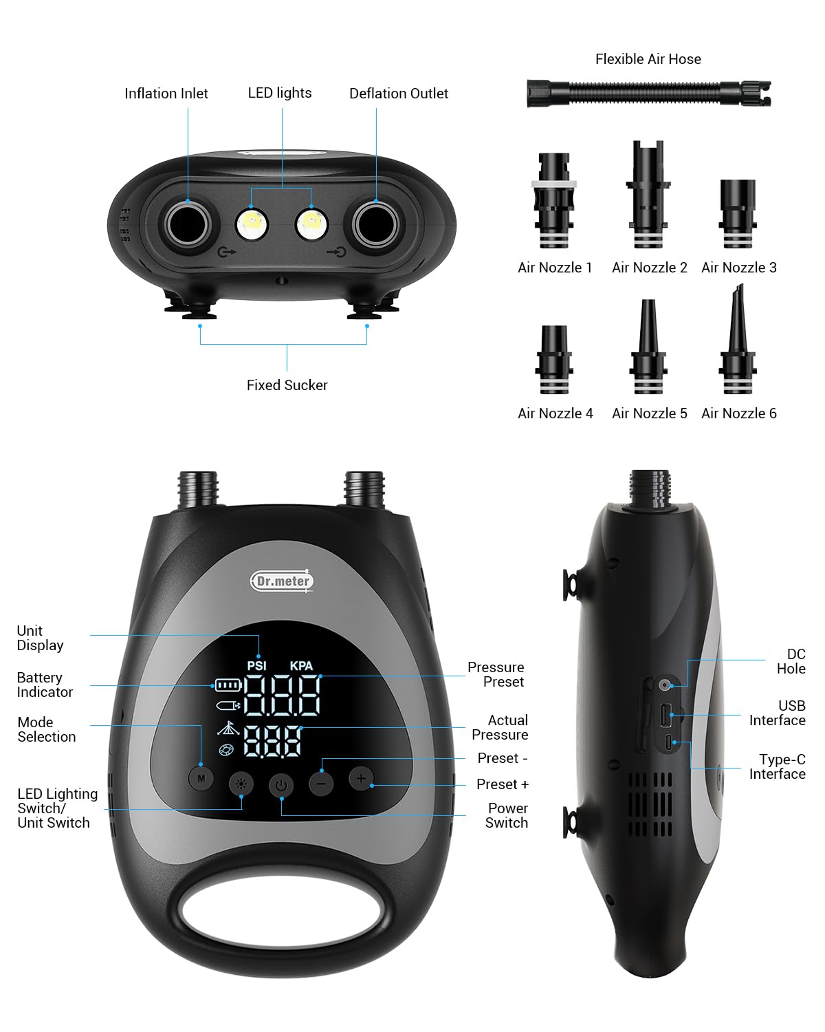 **Dr.meter Rechargeable Electric SUP Pump - 20PSI High Pressure Portable Air Pump with LED Light & Auto-Off, Battery & Car Adapter Powered for Inflatable Paddle Boards, Kayaks, Boats - Perfect for Beach, Lake & Outdoor Water Sports**