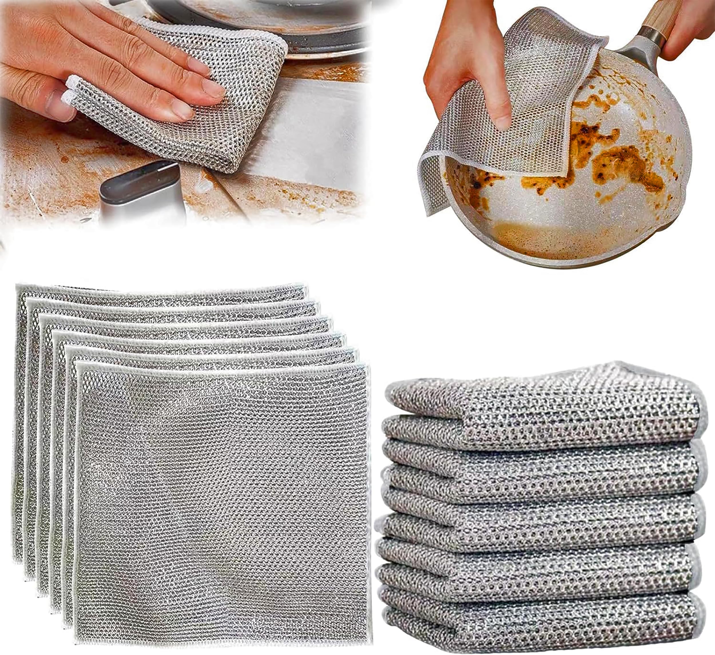 Reusable Non-Scratch Dish Cloth - 2-Layer Mesh Wire Scrubber for Kitchen Cleaning | Silver (12 Pack) | Perfect for Pots, Pans, Dishes & Countertops | Wet & Dry Use