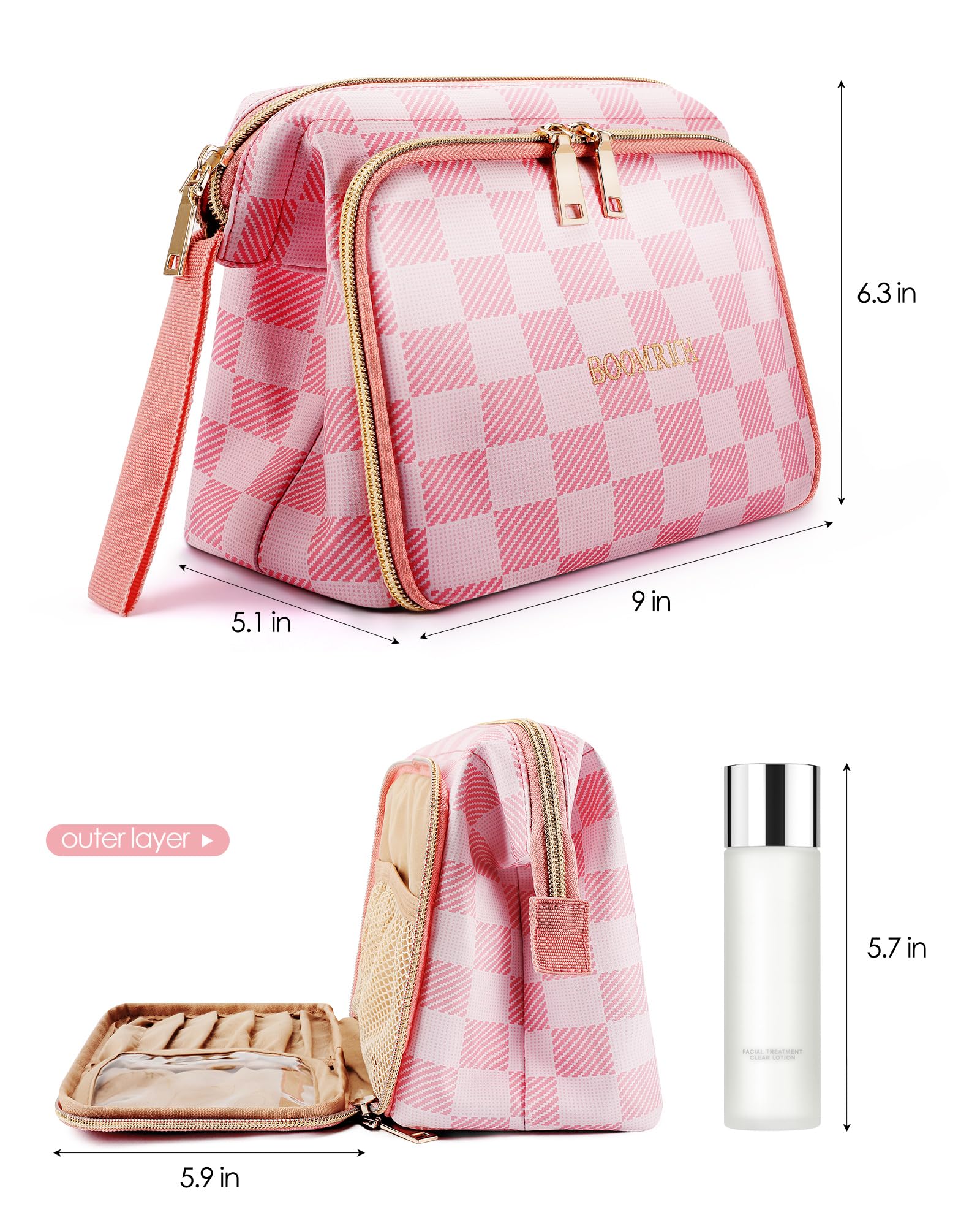 BOOMRICH Waterproof Leather Travel Makeup Bag - Large Wide-Open Cosmetic Organizer Pouch with Brush Holder, Portable Toiletry Case for Women (Pink) | Perfect for Vacation, Gym, Business Trips & Daily Essentials Storage