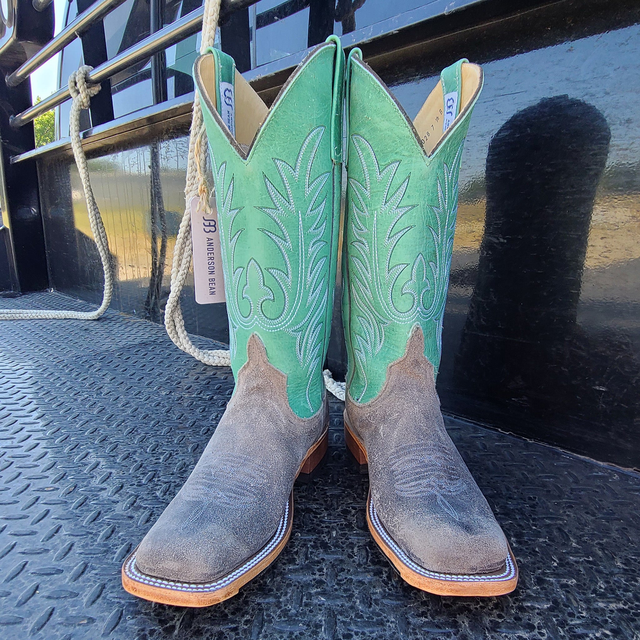 Anderson Bean Women's Stone & Mint Kudu Leather Square Toe Cowboy Boots - Perfect for Western Rides, Country Dancing & Fashion Outfits