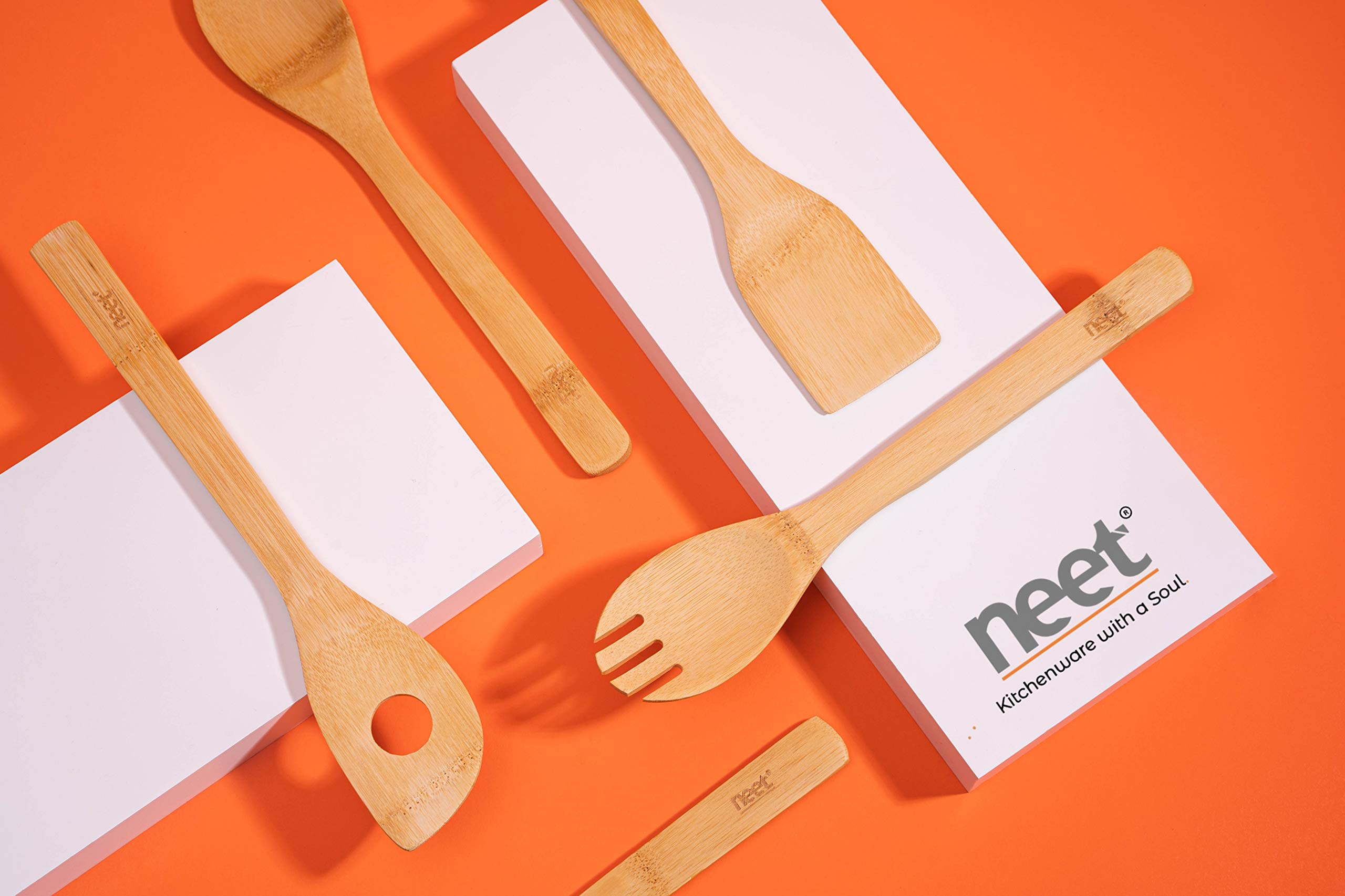 **6-Piece Organic Bamboo Cooking Utensil Set - Wooden Spoons & Spatula for Nonstick Cookware, High Heat Stirring - Includes Holder - Perfect for Everyday Use & Gifts (Ideal for Sauteing, Baking & Serving)**