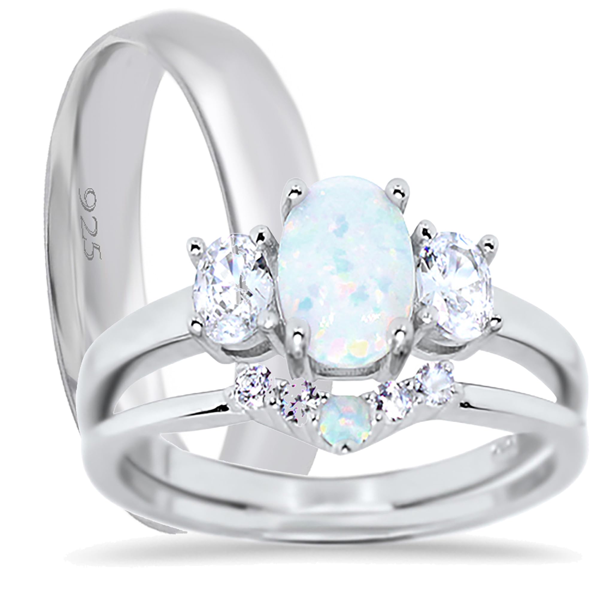 LaRaso & Co His and Her Wedding Rings Set - Fire Opal Engagement Rings for Bride and Groom - Sterling Silver Matching Bands - Perfect for Anniversaries, Proposals & Romantic Occasions