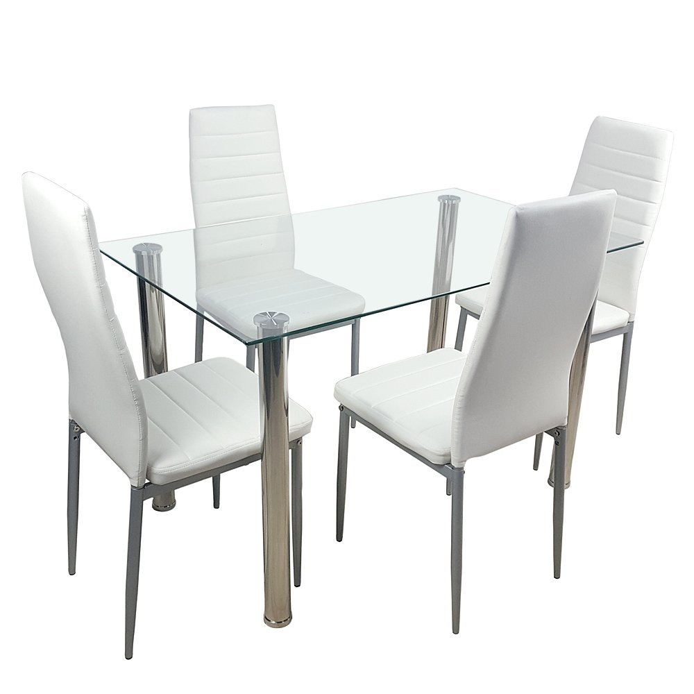 SoSo-BanTian1989 5-Piece Dining Set - White Tempered Glass Table with 4 Faux Leather Chairs for Kitchen & Dining Room | Modern Home Furniture for Small Spaces & Apartments