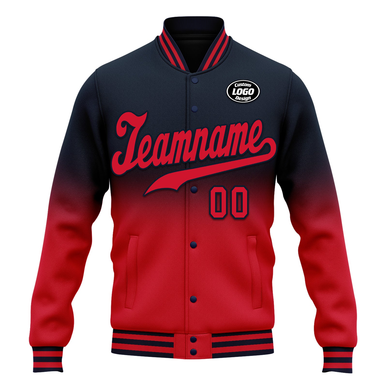 Custom Blue Red Fade Fashion Bomber Jacket - Personalized Varsity Letterman Jacket with Full Snap Closure (FZ005 D020229 4) - Perfect for School Spirit, Sports Events & Streetwear Fashion