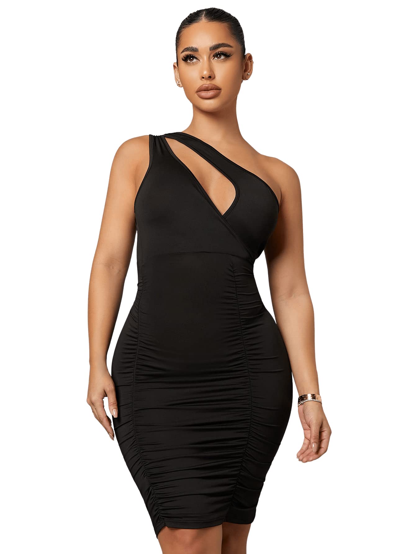 Verdusa Women's Sexy Cut Out Ruched One Shoulder Sleeveless Bodycon Mini Dress - Perfect for Cocktail Parties, Date Nights & Club Wear