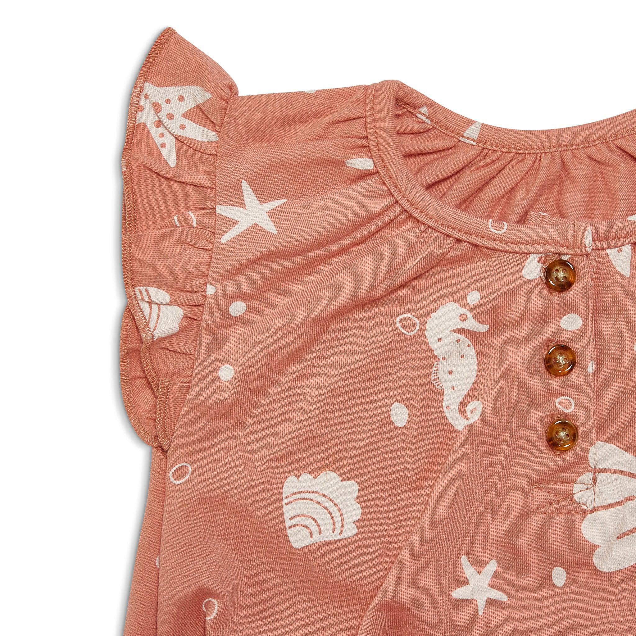 Organic Flutter Sleeve Button Romper - Coral Rose | Soft Cotton Baby Jumpsuit for Girls | Perfect for Summer Outfits, Beach Vacations & Photoshoots