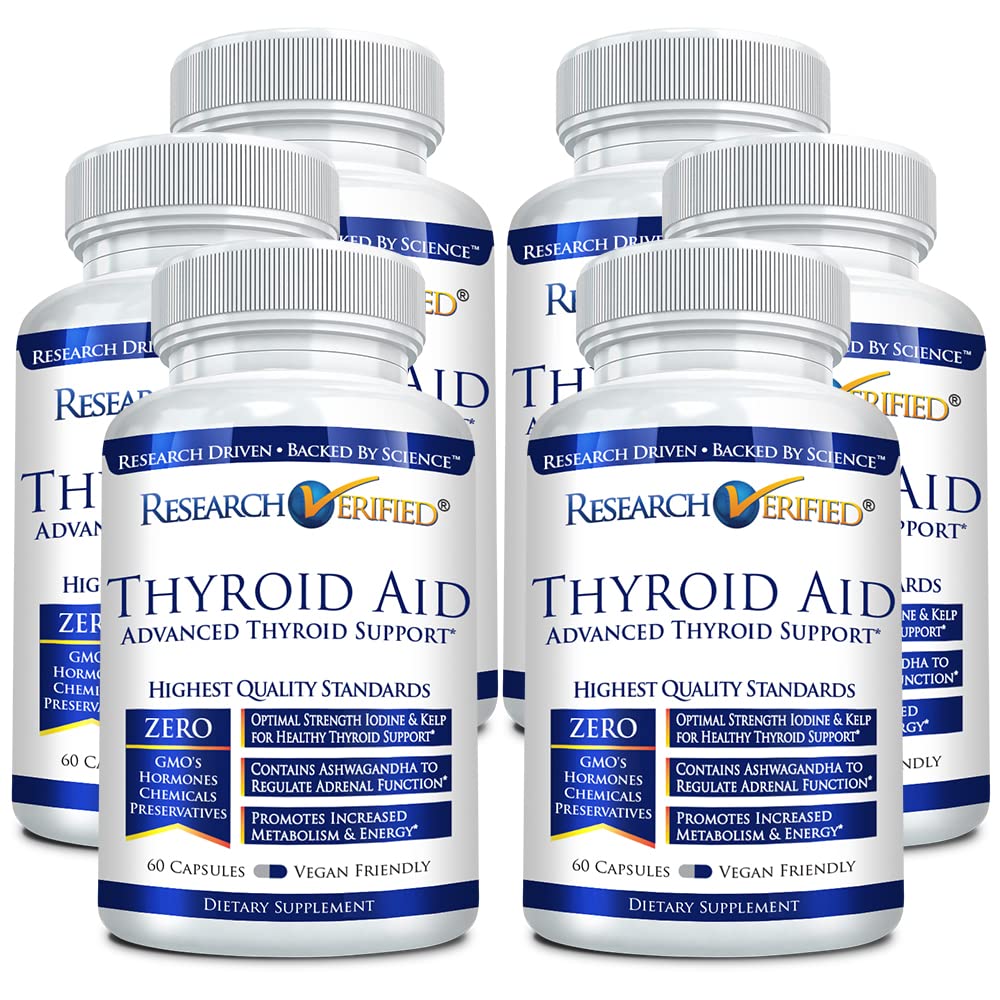 Research Verified Thyroid Aid Supplement - Supports Optimal Thyroid Function with Iodine, Copper, Zinc & 260mcg Selenium - 100% Pure Vegan Capsules - 60 Caps per Bottle (6-Pack) - For Energy, Metabolism & Hormone Balance - Perfect for Hypothyroidism Support & Thyroid Health Maintenance