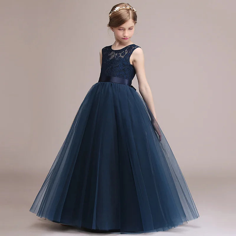 Navy Blue Lace Tulle Flower Girl Dress - Sleeveless Princess Gown for Kids | Perfect for Weddings, Baptisms & Special Occasions