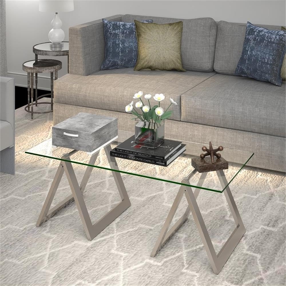 Pemberly Row Metal Nickel Gray Sawhorse Leg Coffee Table - Industrial Style Living Room Furniture for Home Decor
