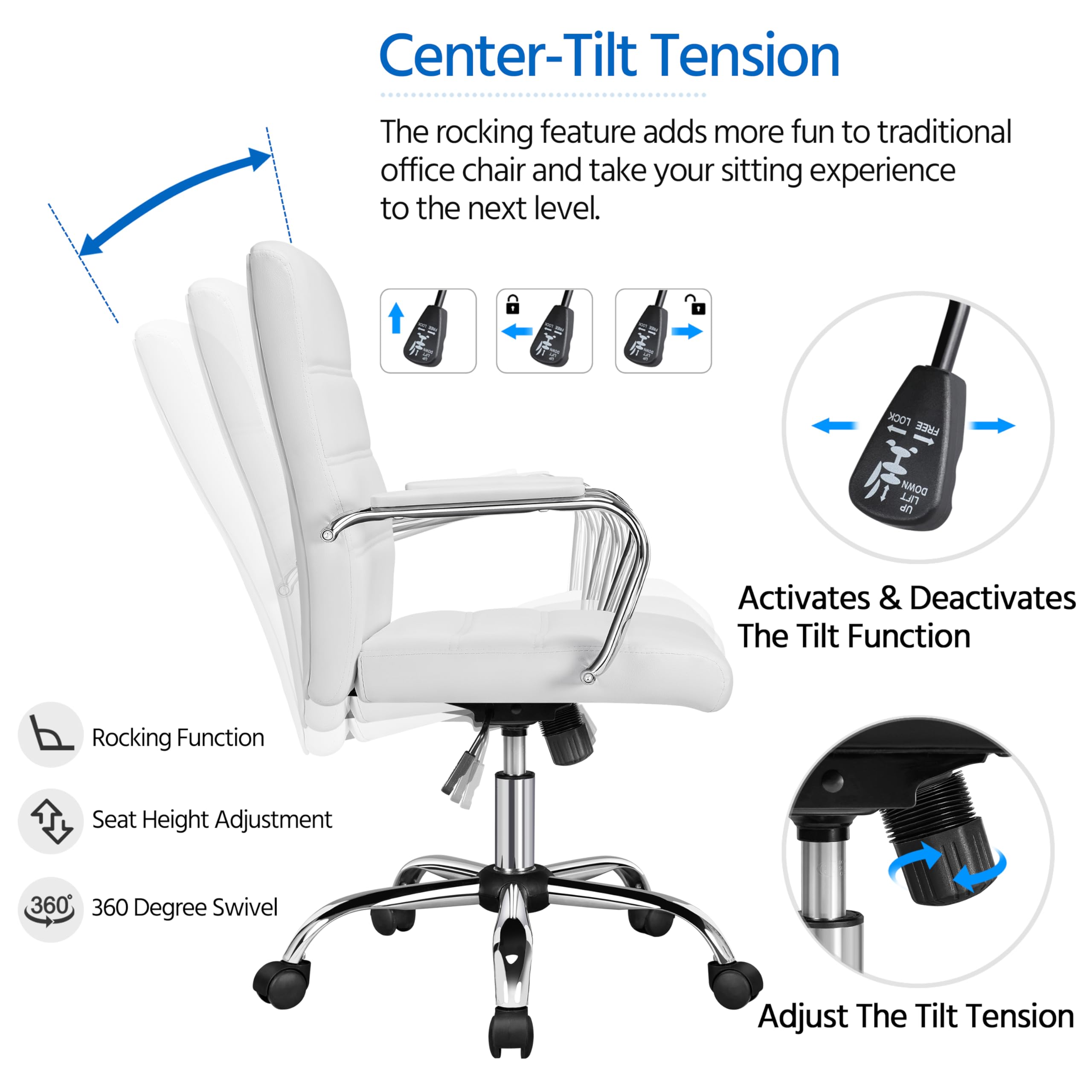 Yaheetech Ergonomic Office Chair - Mid Back Leather Computer Desk Chair with Adjustable Height, Lumbar Support, Thick Padded Seat & Armrests - Comfortable Executive Chair for Home Office, Gaming, and Workspace (White)