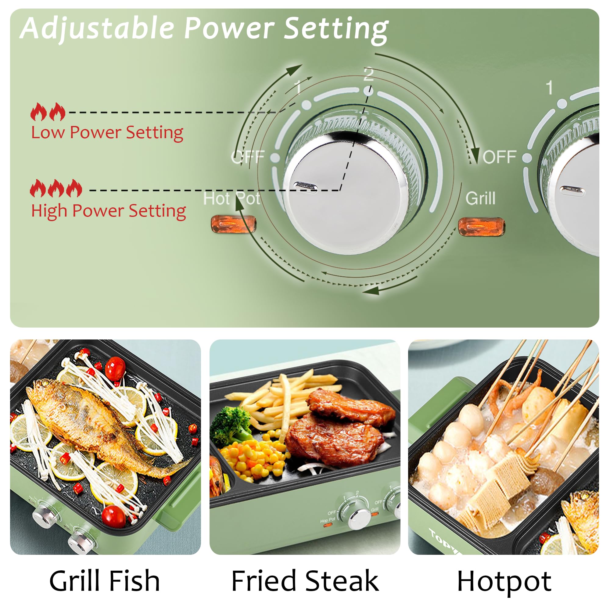 Topwit 2-in-1 Electric Hot Pot & Grill - Non-Stick Indoor Korean BBQ Grill and Shabu Shabu Pot with Dual Temperature Control - Perfect for Steaks, Noodles, and Family Gatherings - Fast Heating & Energy Efficient (Green)