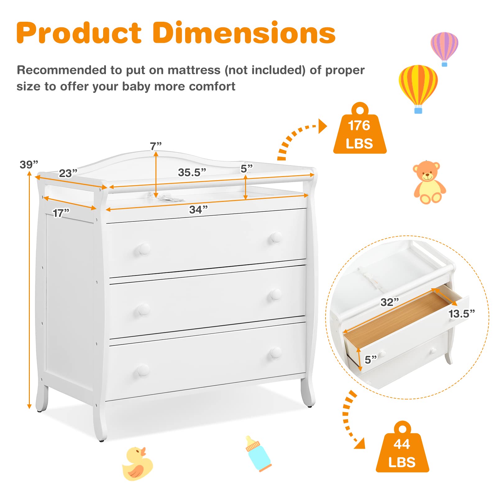 Costzon 3-Drawer Baby Changing Table with Safety Rails & Strap - White Nursery Dresser for Diaper Changing Station, Easy Assembly - Perfect for Newborn Care & Nursery Organization