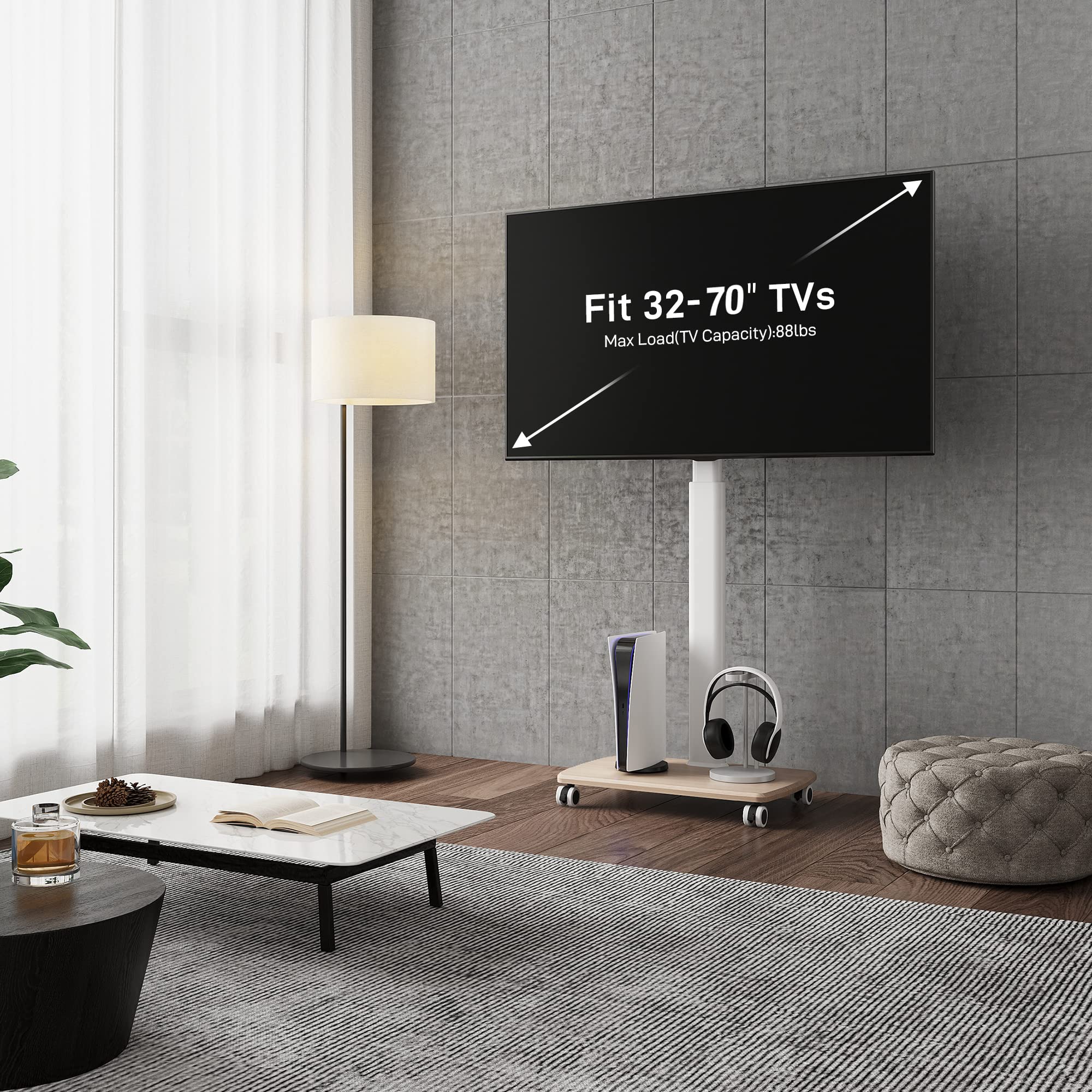 FITUEYES Adjustable Height Mobile TV Stand with Swivel Wheels & Wood Base - Universal for 32 to 65 Inch TVs (White) - Perfect for Living Room, Bedroom, or Office Entertainment Setup