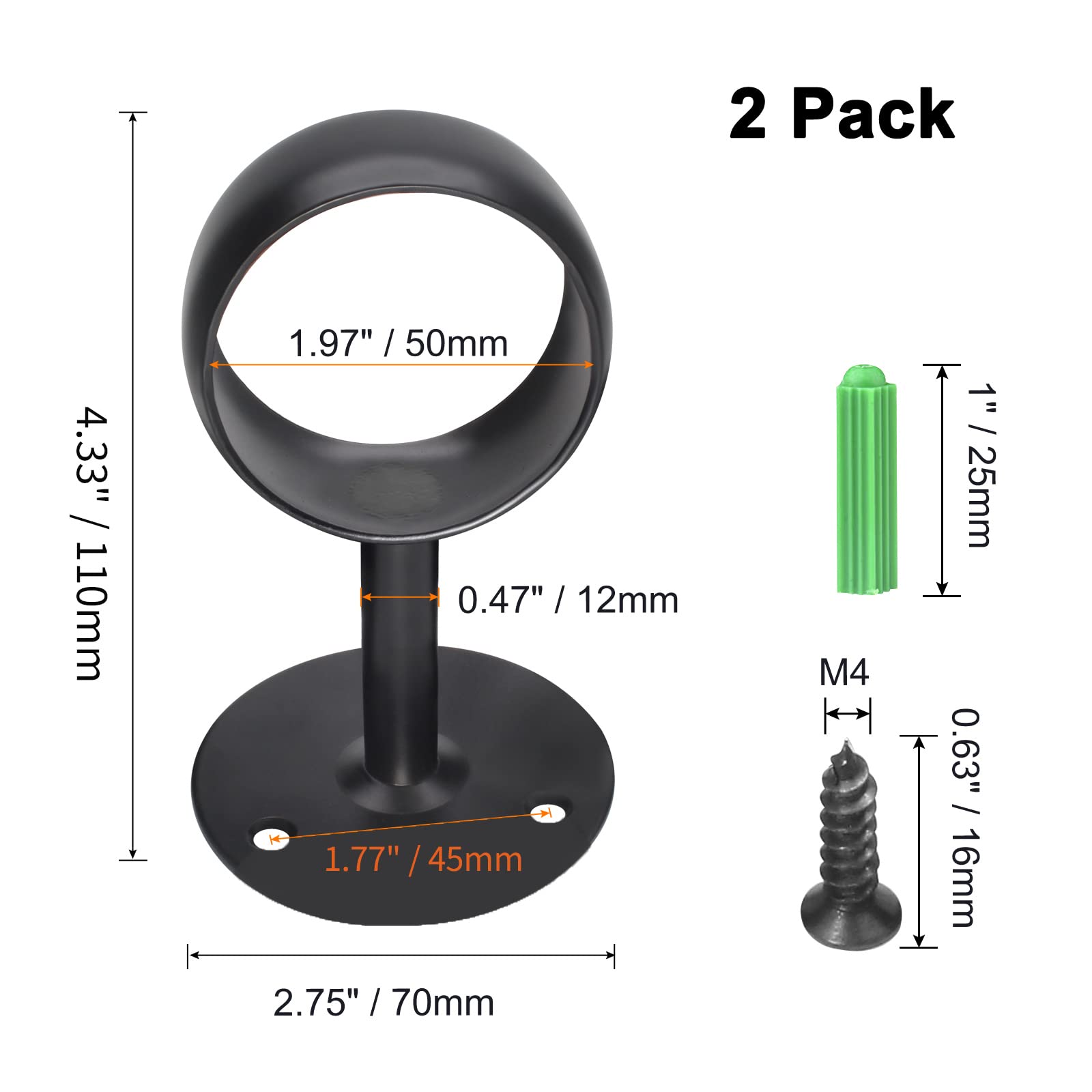 2pcs 2 Inch Stainless Steel Ceiling Mount Curtain Rod Bracket - Matte Black Heavy Duty Shower Rod Holder, Closet Pole Support with Screws - Perfect for Bathroom, Closet, and Home Decor Organization