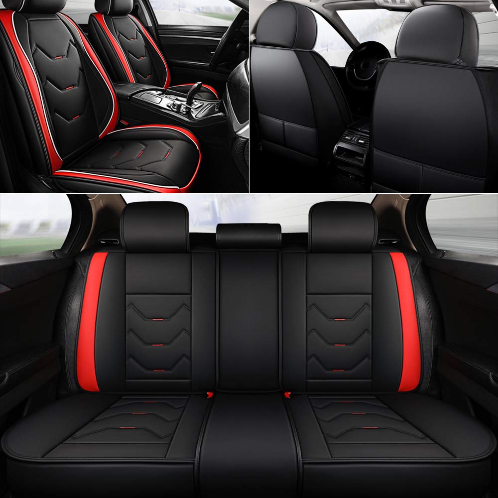 Premium Leather Car Seat Covers Full Set - 5-Piece Waterproof Auto Seat Protectors for Sedans, SUVs & Trucks | Front & Rear Cushion Covers (Black & Red) | Perfect for Daily Commute, Road Trips & Family Protection