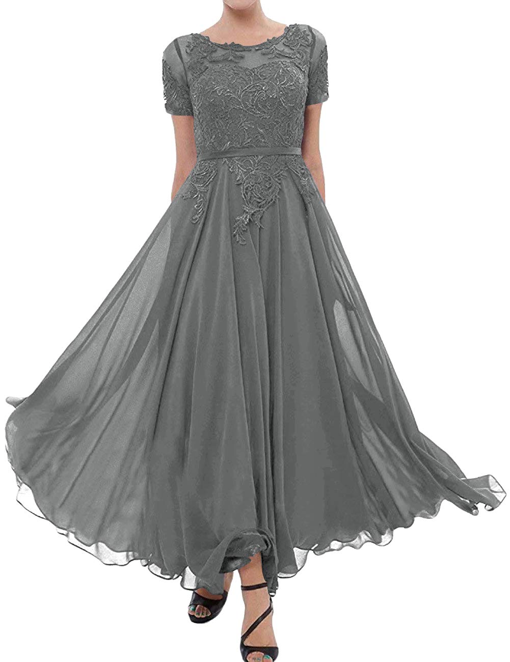 Elegant Tea Length Mother of The Bride Dress - Lace Formal Evening Gown with Short Sleeves & Applique Details - Perfect for Wedding Guest, Groom's Mother & Special Occasions