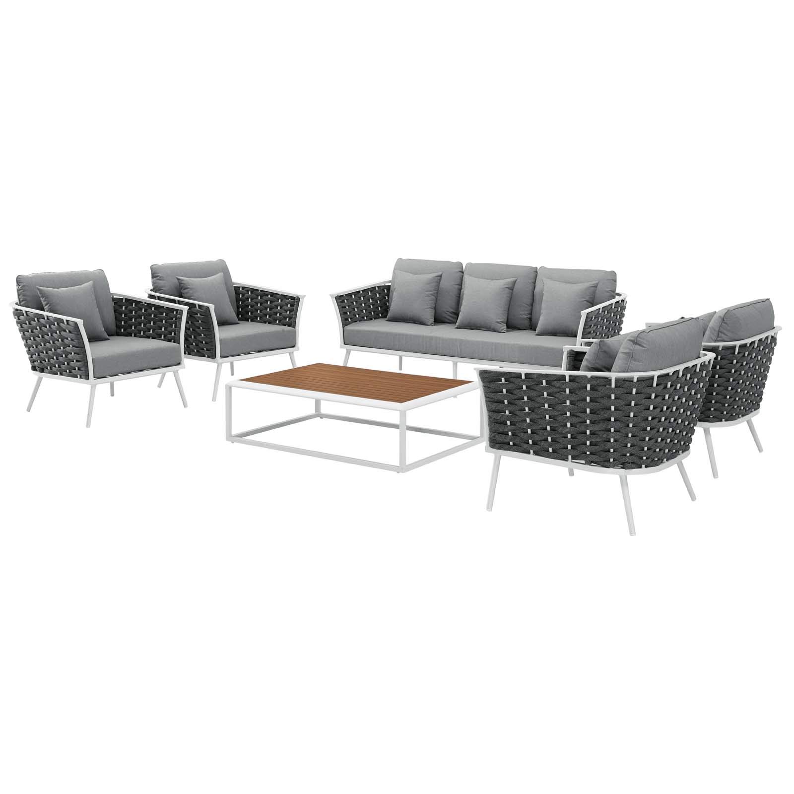 Modern Outdoor Patio Lounge Sofa Set with Chair & Coffee Table, Aluminum Frame & White-Grey Fabric, Perfect for Garden, Balcony, or Poolside Relaxation