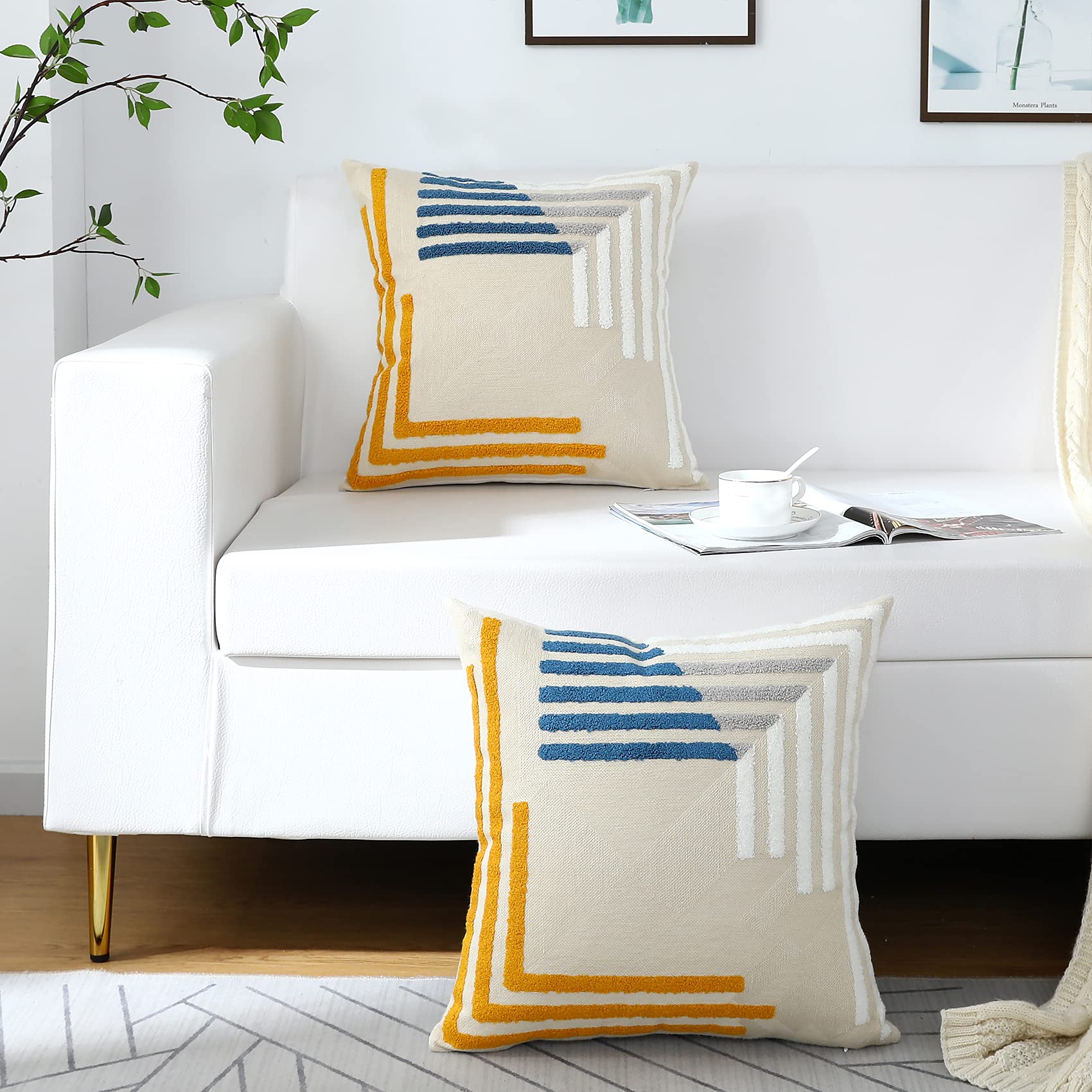 Boho Throw Pillow Covers 20x20 Set of 2 - Neutral Modern Farmhouse Blue & Yellow Embroidered Geometric Pillowcases - Perfect for Couch, Bed, Living Room & Outdoor Decor