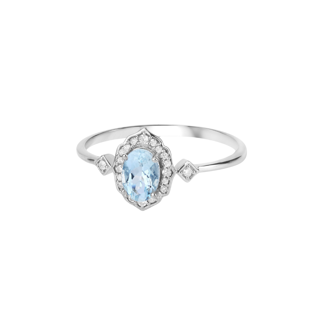 Blue Oval Aquamarine Diamond Halo Ring - 14K White Gold March Birthstone Jewelry for Women - Perfect for Engagement, Anniversary & Special Occasion Gifts