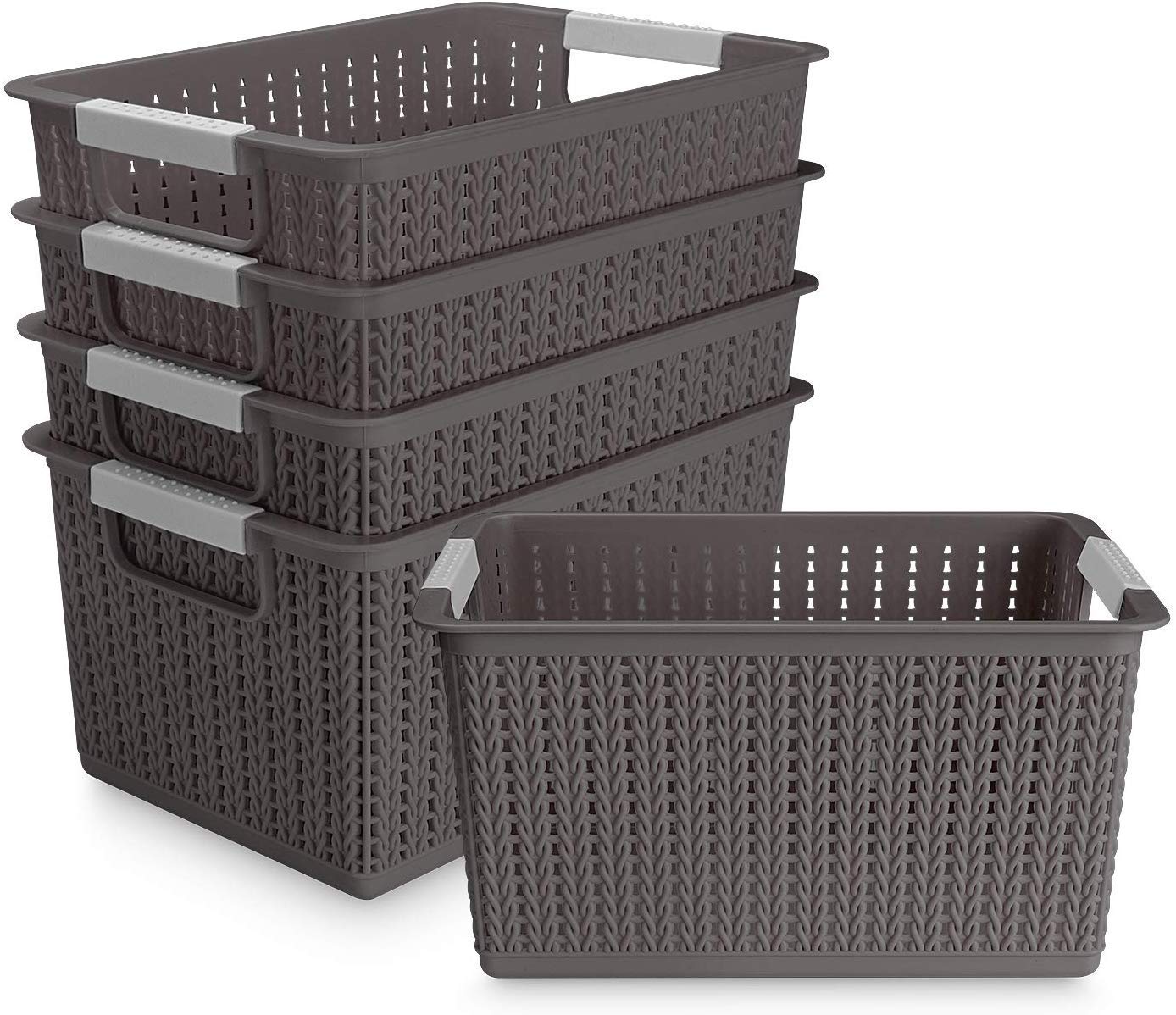 Acrux7 5-Pack Small Plastic Storage Baskets - 10.5x7.5x5.5 Inch Brown Woven Bins for Kitchen, Bathroom & Cabinet Organization - Perfect for Pantry Storage, Bathroom Essentials & Closet Organizing